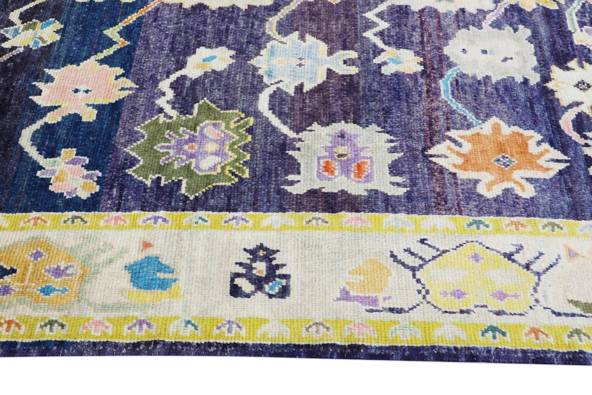 Handwoven Wool Turkish Oushak Rug in Purple & Yellow Floral Pattern 8'3