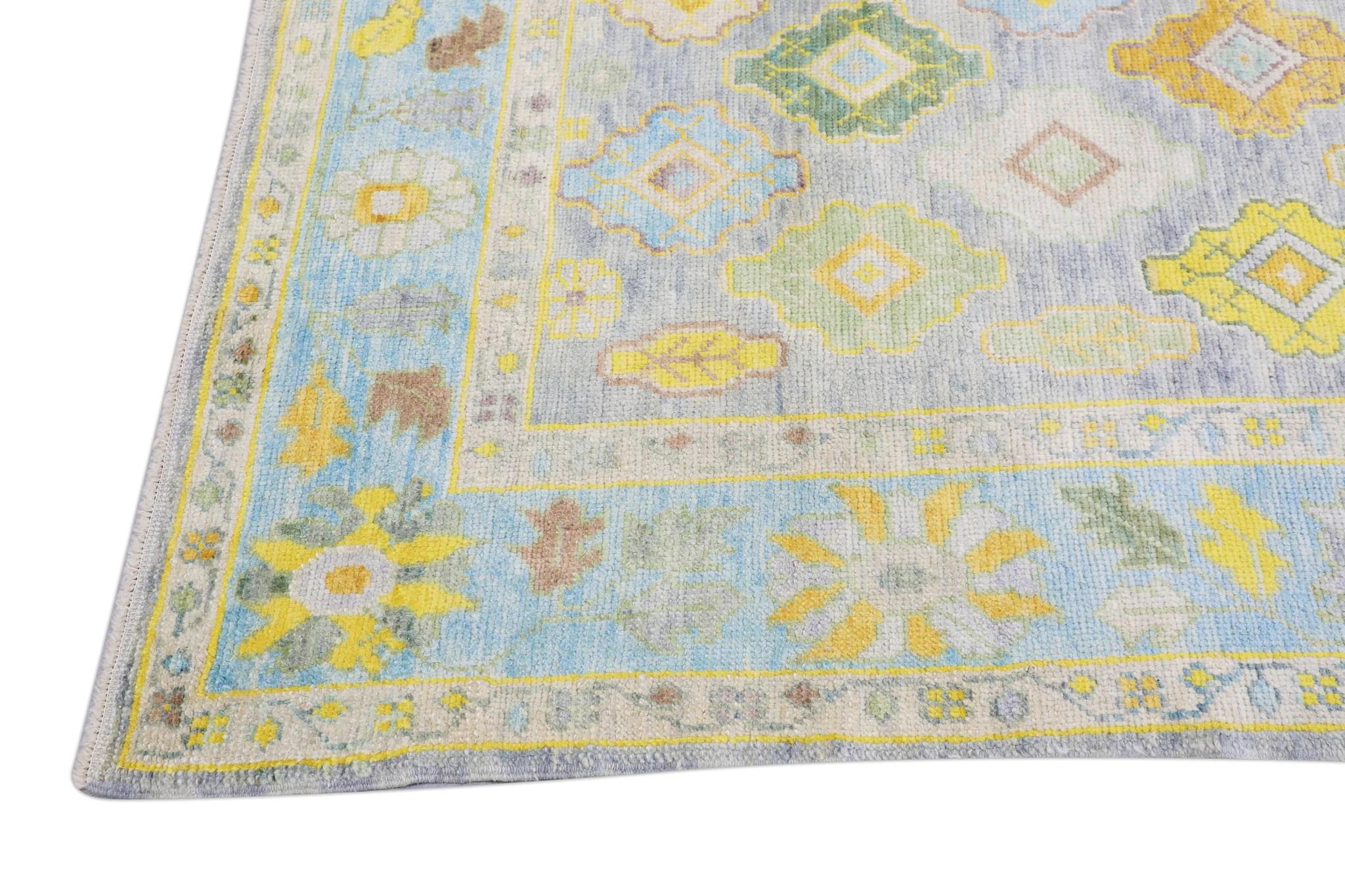 Handwoven Wool Floral Turkish Oushak Rug in Blue, Green, and Yellow 8'1
