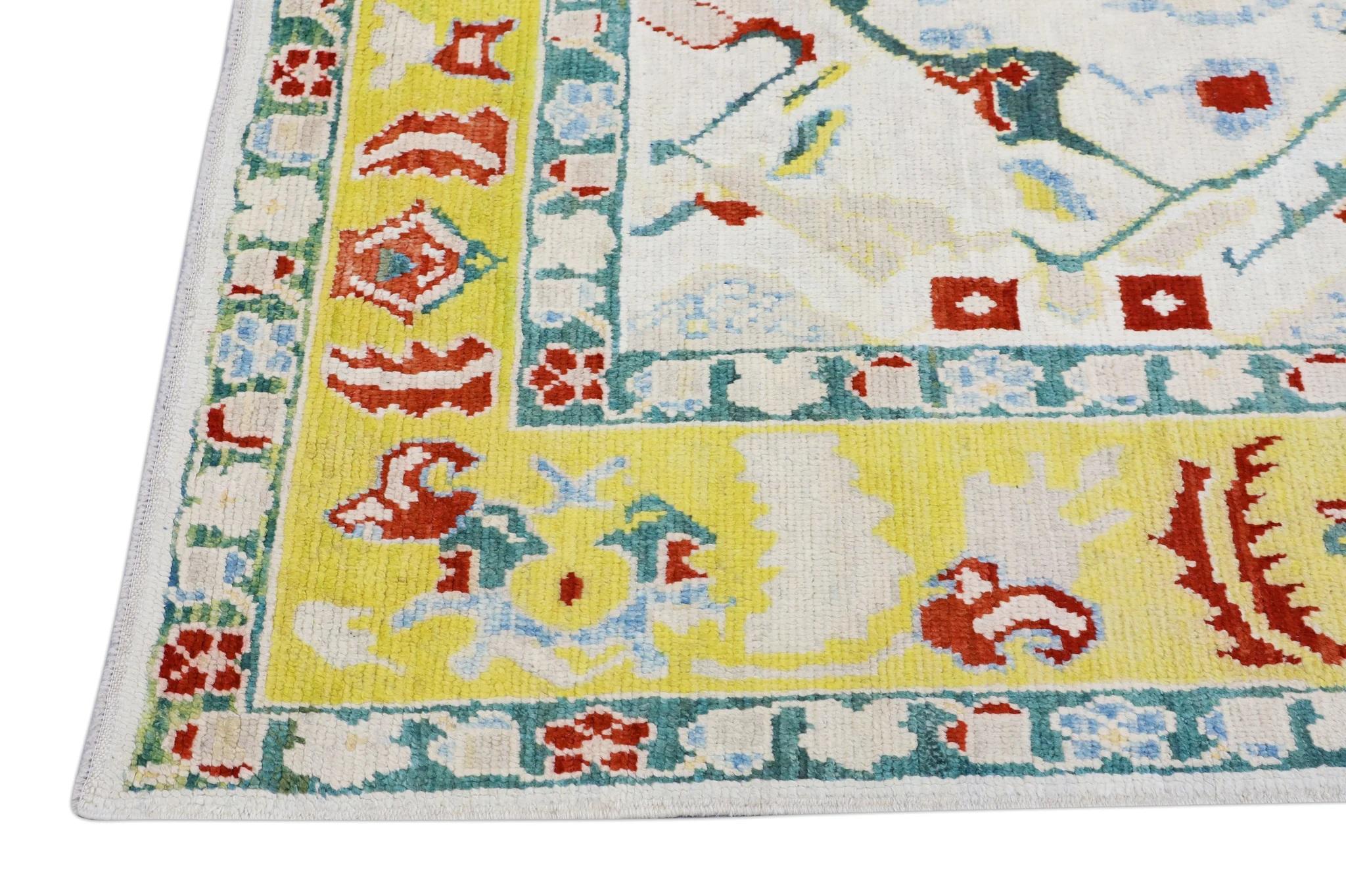 Handwoven Wool Floral Turkish Oushak Rug in Green, Yellow & Red 8'1