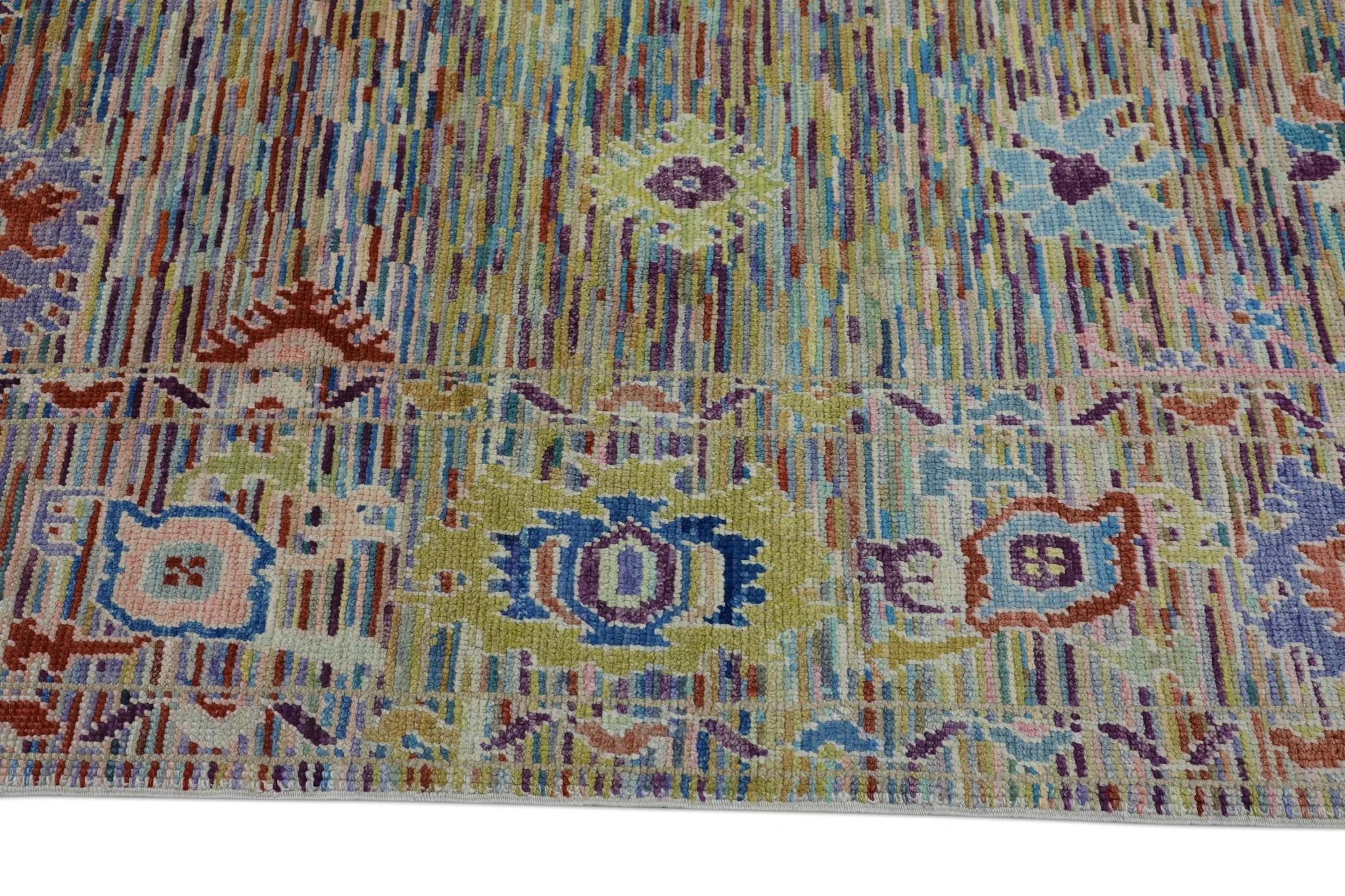 Handwoven Wool Turkish Oushak Rug in Colorful Geometric Floral Design 8' x 10'1