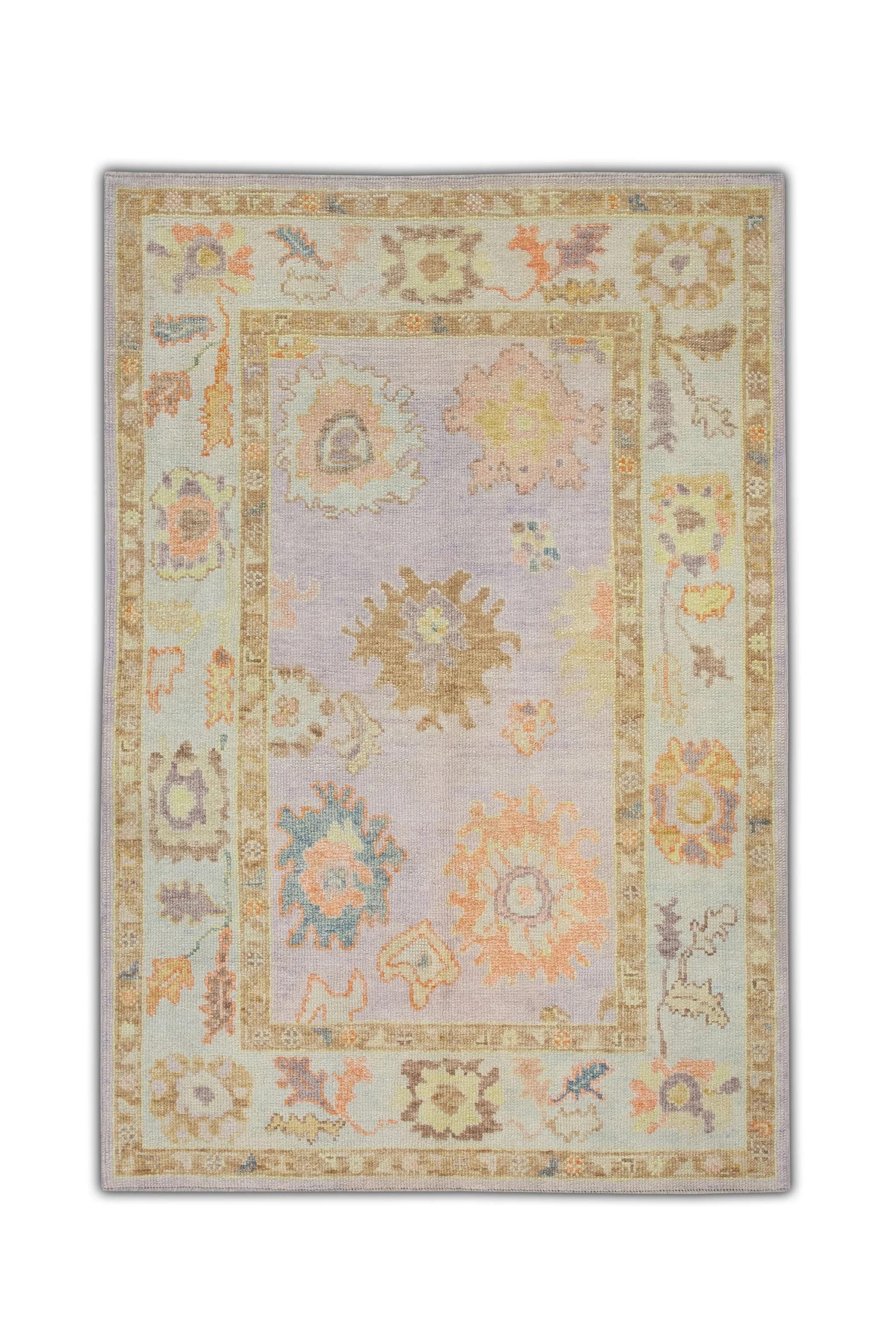 Purple Handwoven Wool Floral Turkish Oushak Rug 4'2