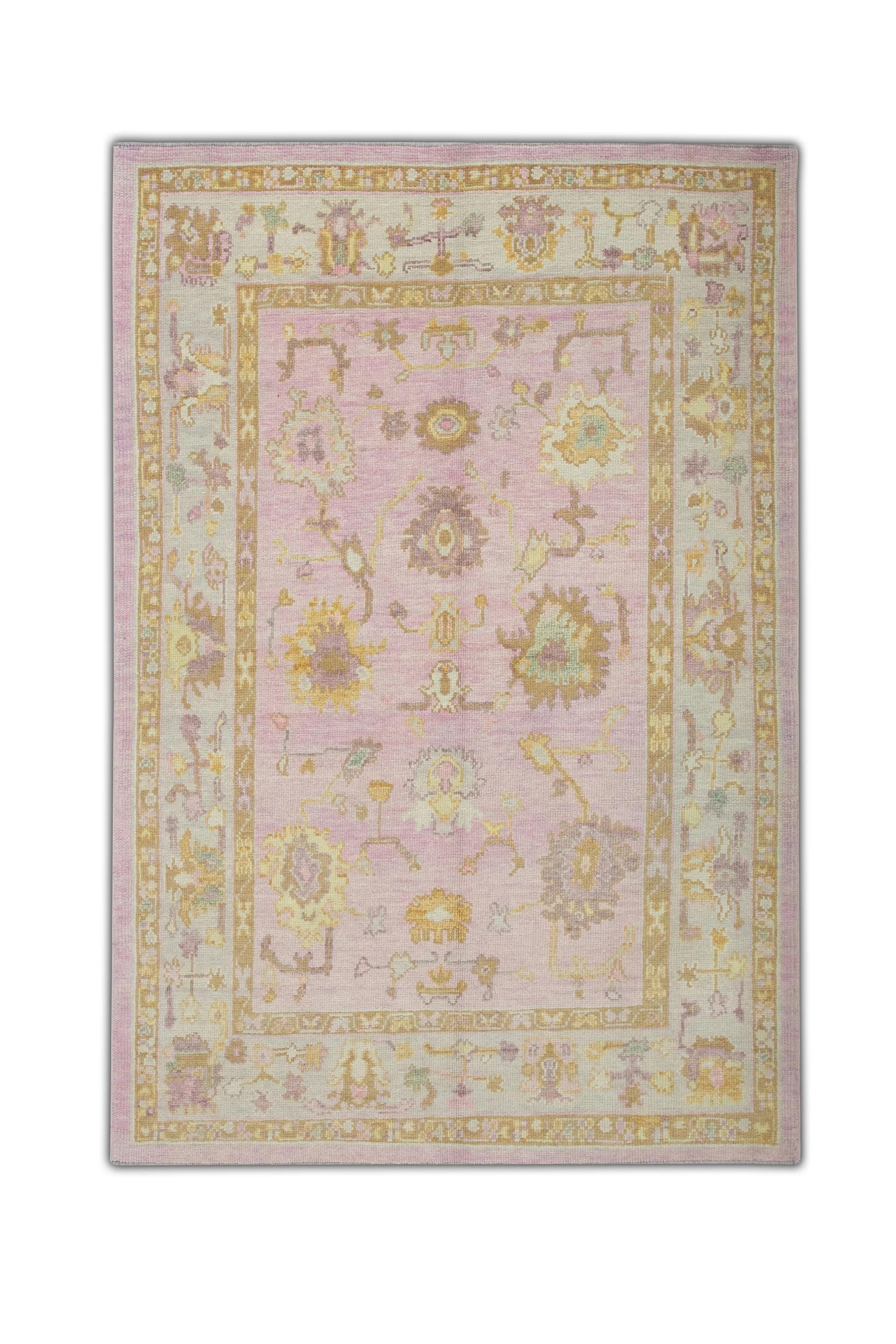 Floral Handwoven Wool Turkish Oushak Rug in Soft Pink and Yellow 5'3