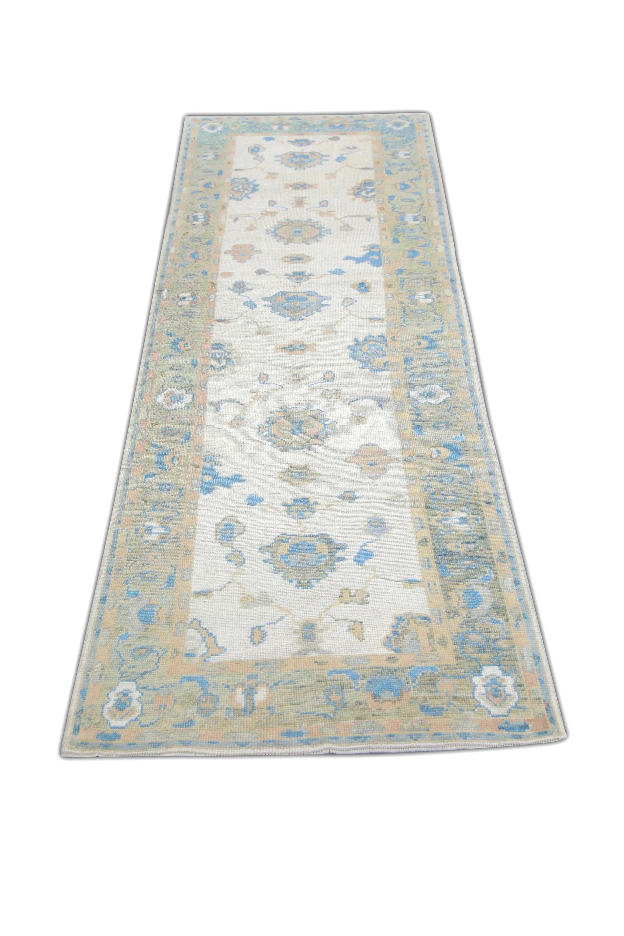 Floral Handwoven Wool Turkish Oushak Rug in Green and Blue 3'9