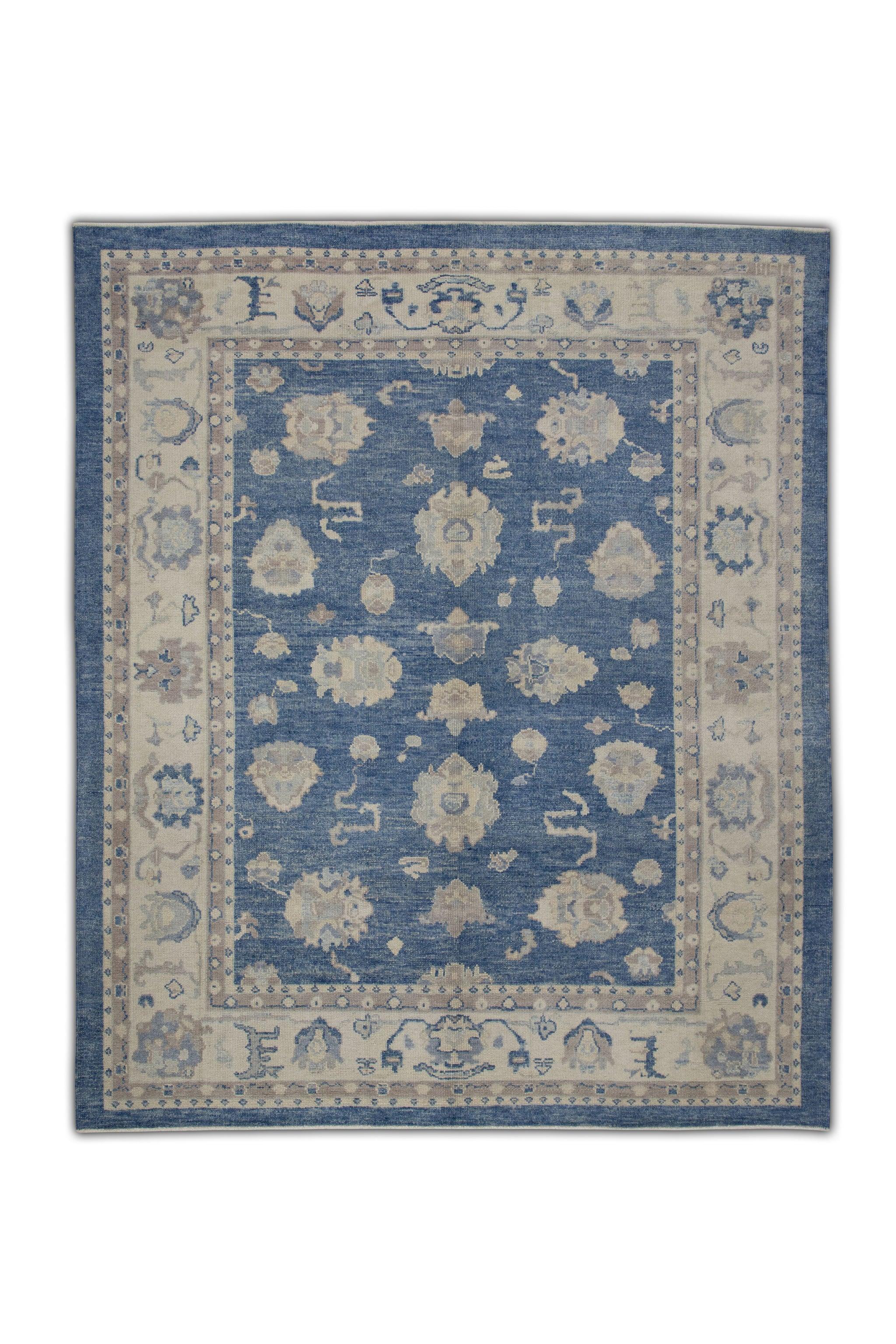 Floral Handwoven Wool Turkish Oushak Rug in Blue and Cream 8'9