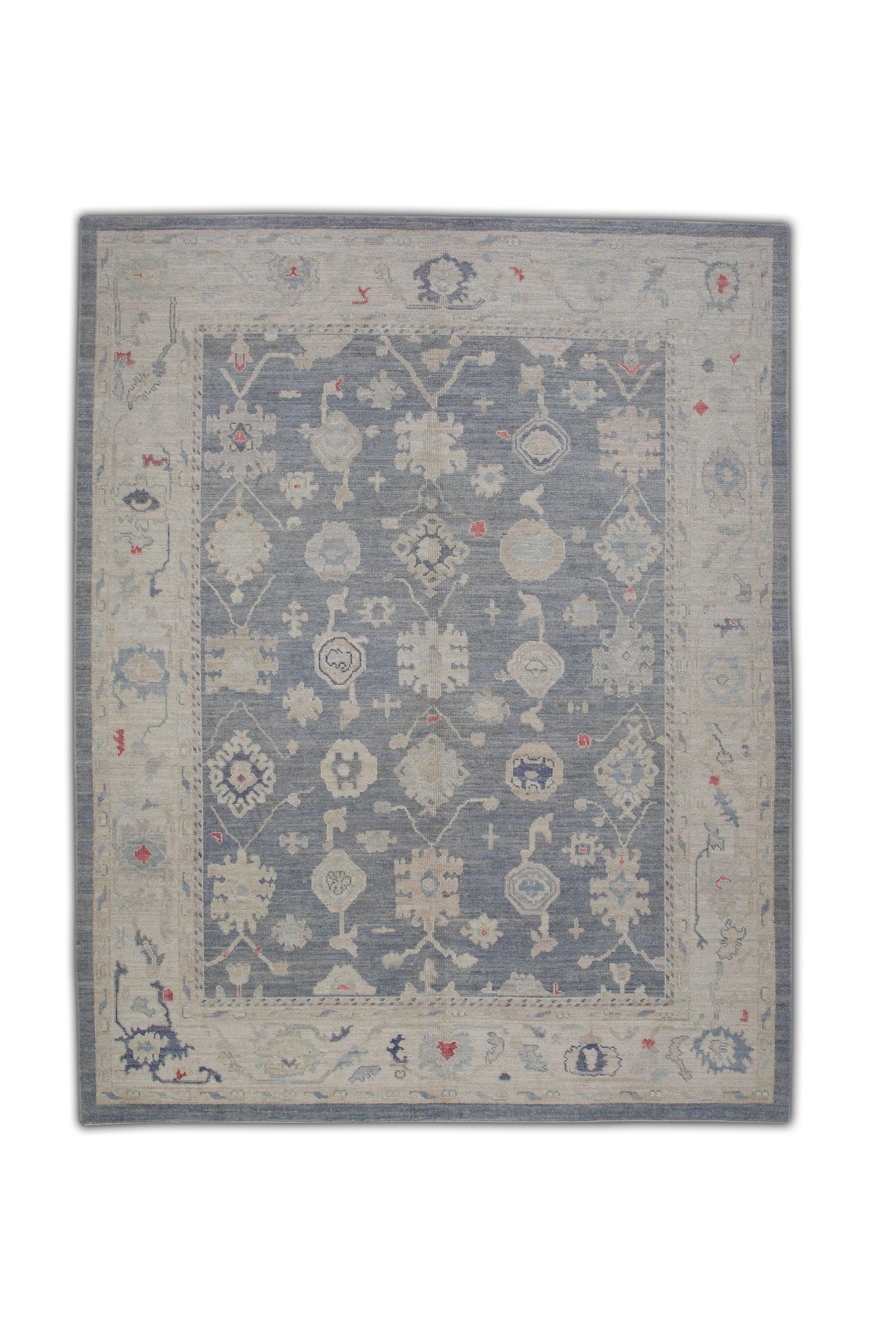 Handwoven Wool Floral Turkish Oushak Rug in Blue, Red, and Cream 8'4
