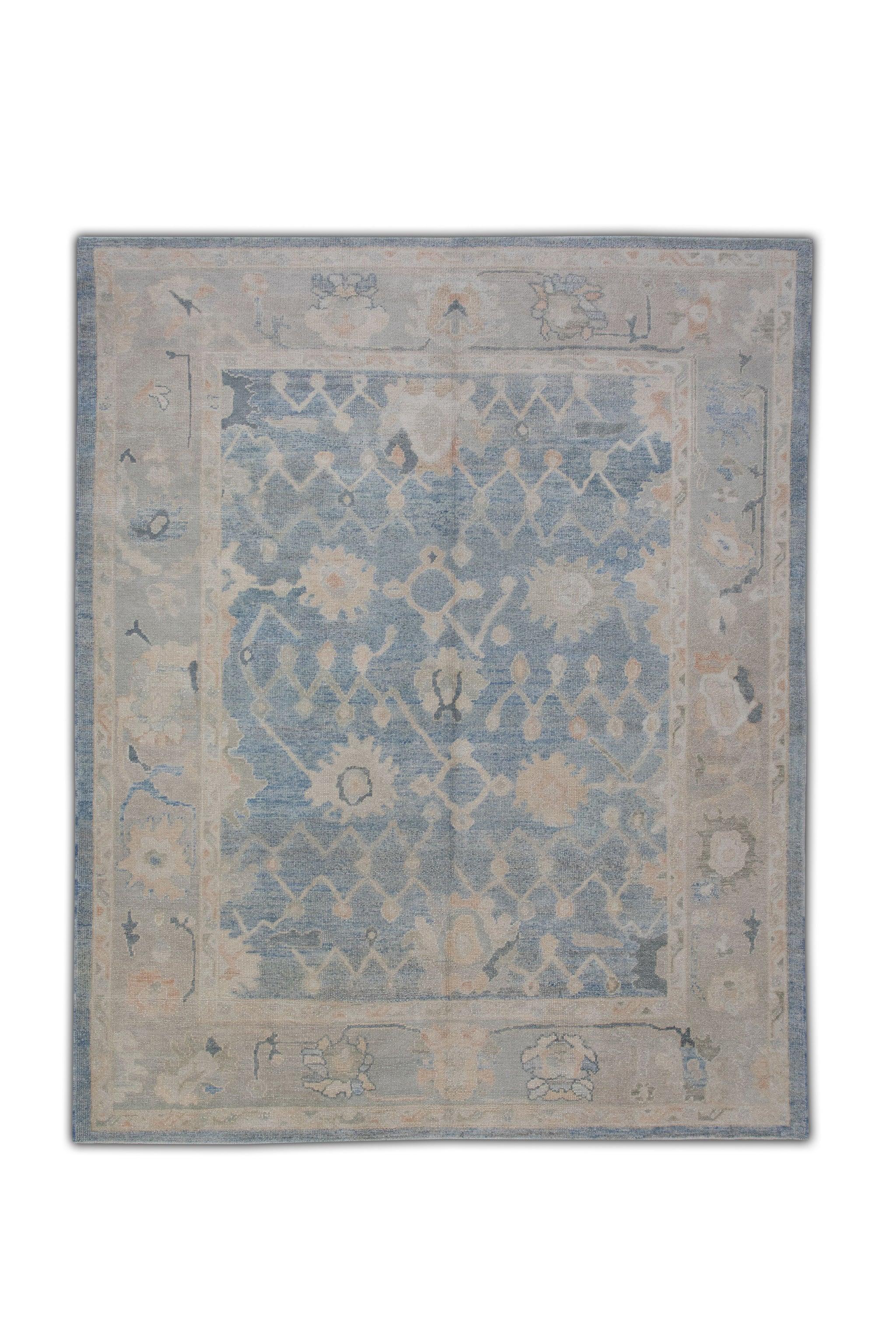 Blue Floral Pattern Handwoven Wool Turkish Oushak Rug 8'7