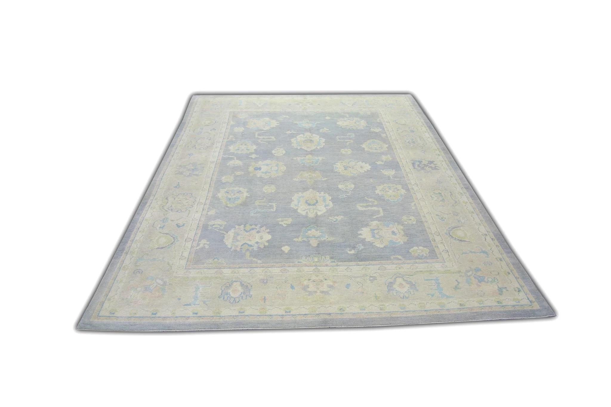 Blue and Cream Floral Handwoven Wool Turkish Oushak Rug 8' x 10'4