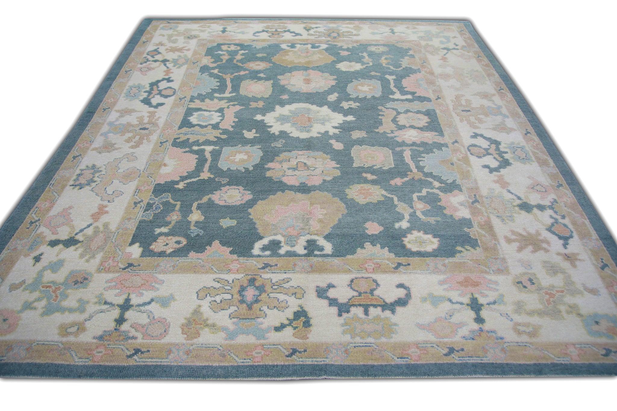 Blue and Pink Handwoven Wool Floral Pattern Turkish Oushak Rug 8'7