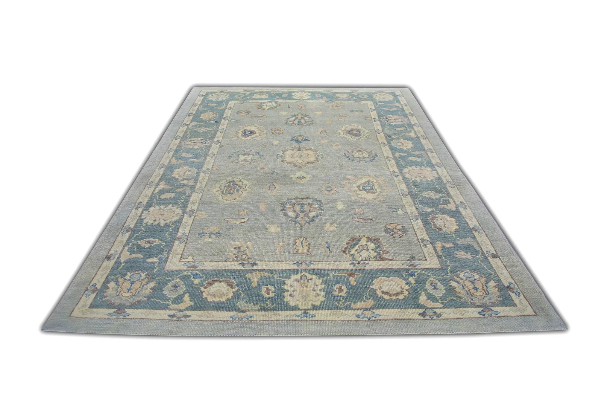 Türkischer Oushak-Teppich aus handgewebter Wolle in Blau mit Blumenmuster, 6'6