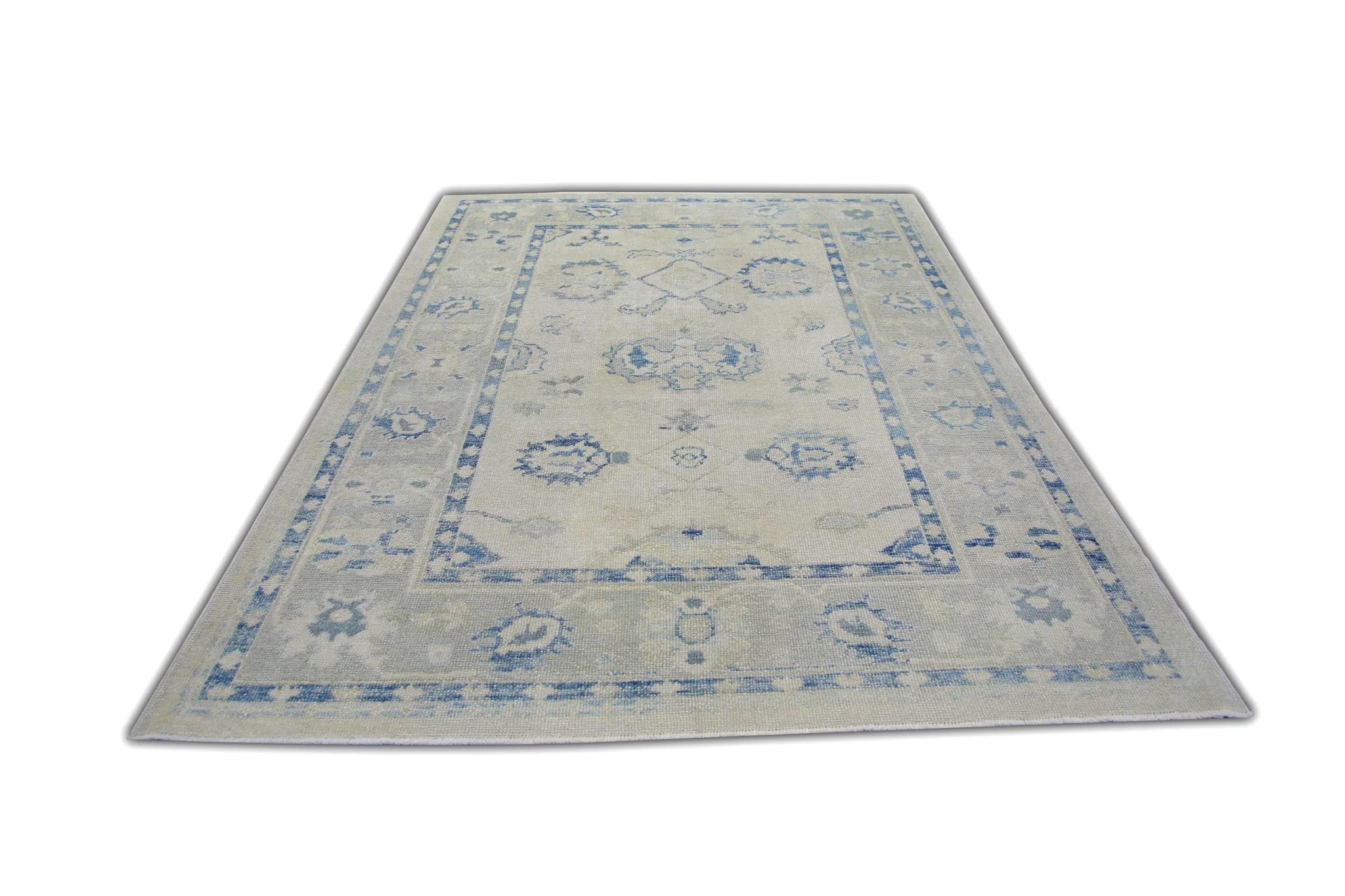 Floral Handwoven Wool Turkish Oushak Rug in Cream and Blue 6'2