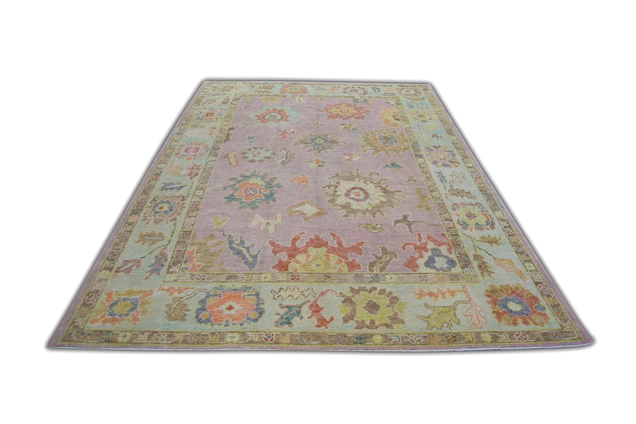 Pink Colorful Floral Handwoven Wool Turkish Oushak Rug 6'3
