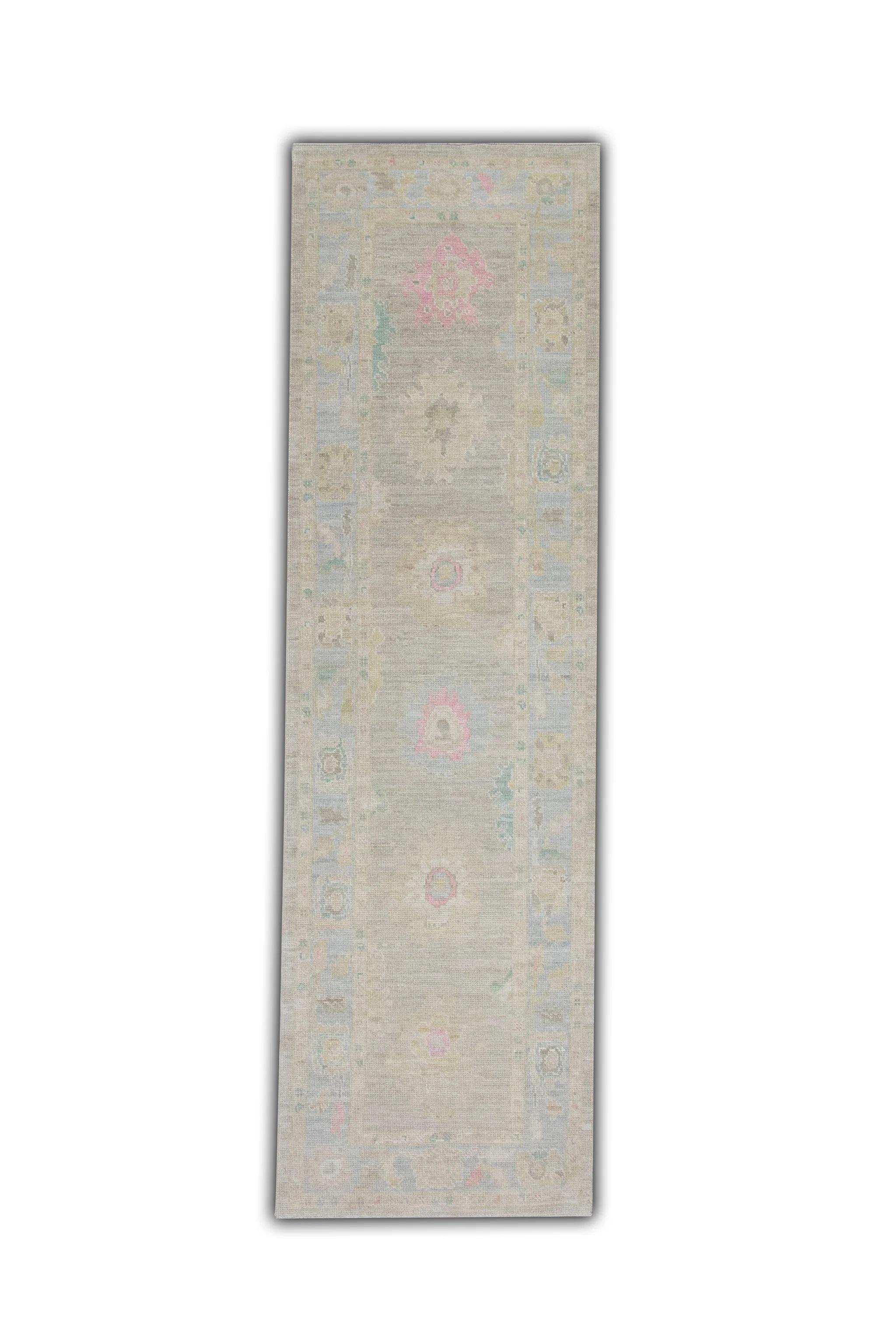 Floral Handwoven Wool Turkish Oushak Rug in Celadon Green 3'2