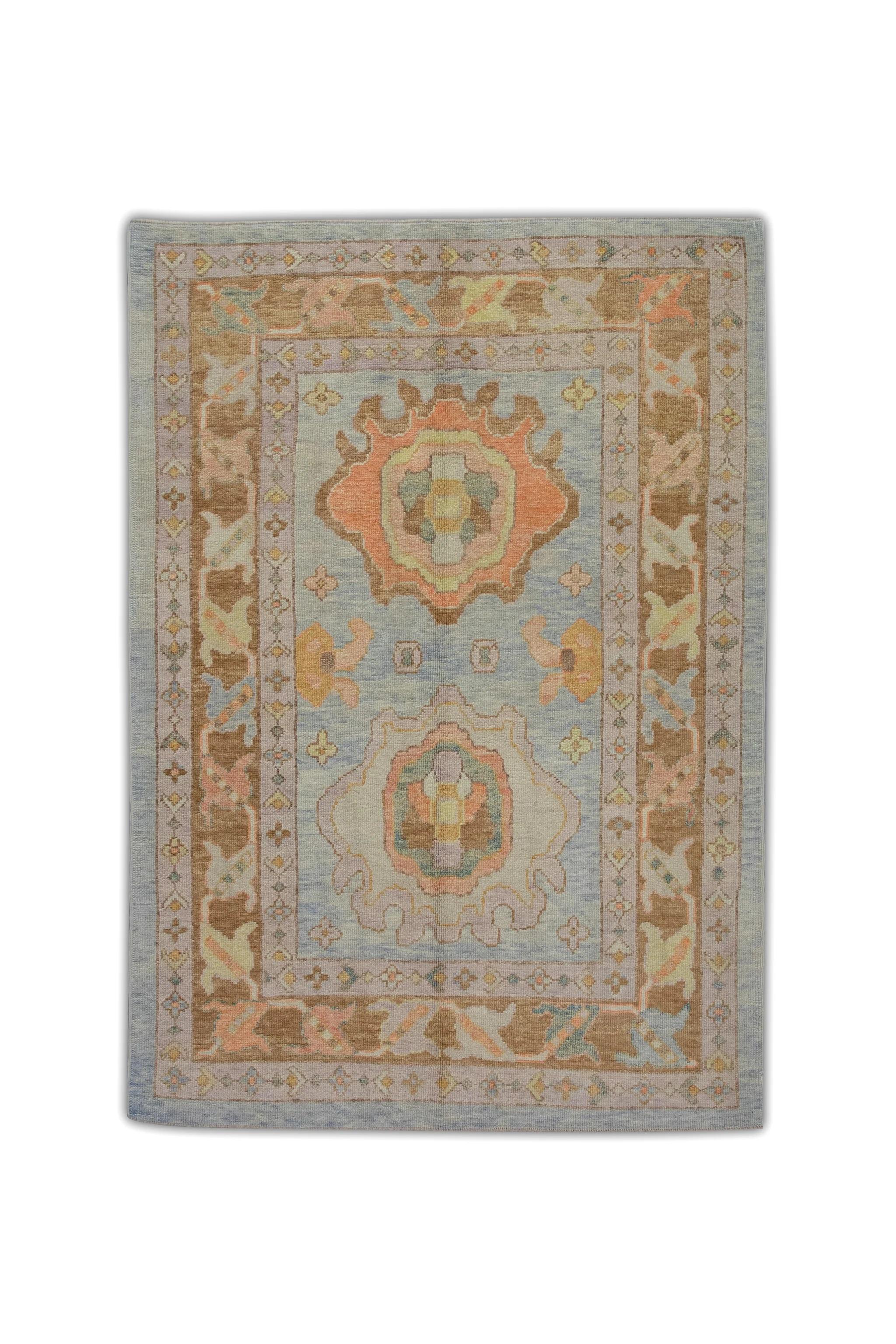 Türkischer Oushak-Teppich aus handgewebter Wolle in Himmelblau, Braun und Orange, 5' x 6'9