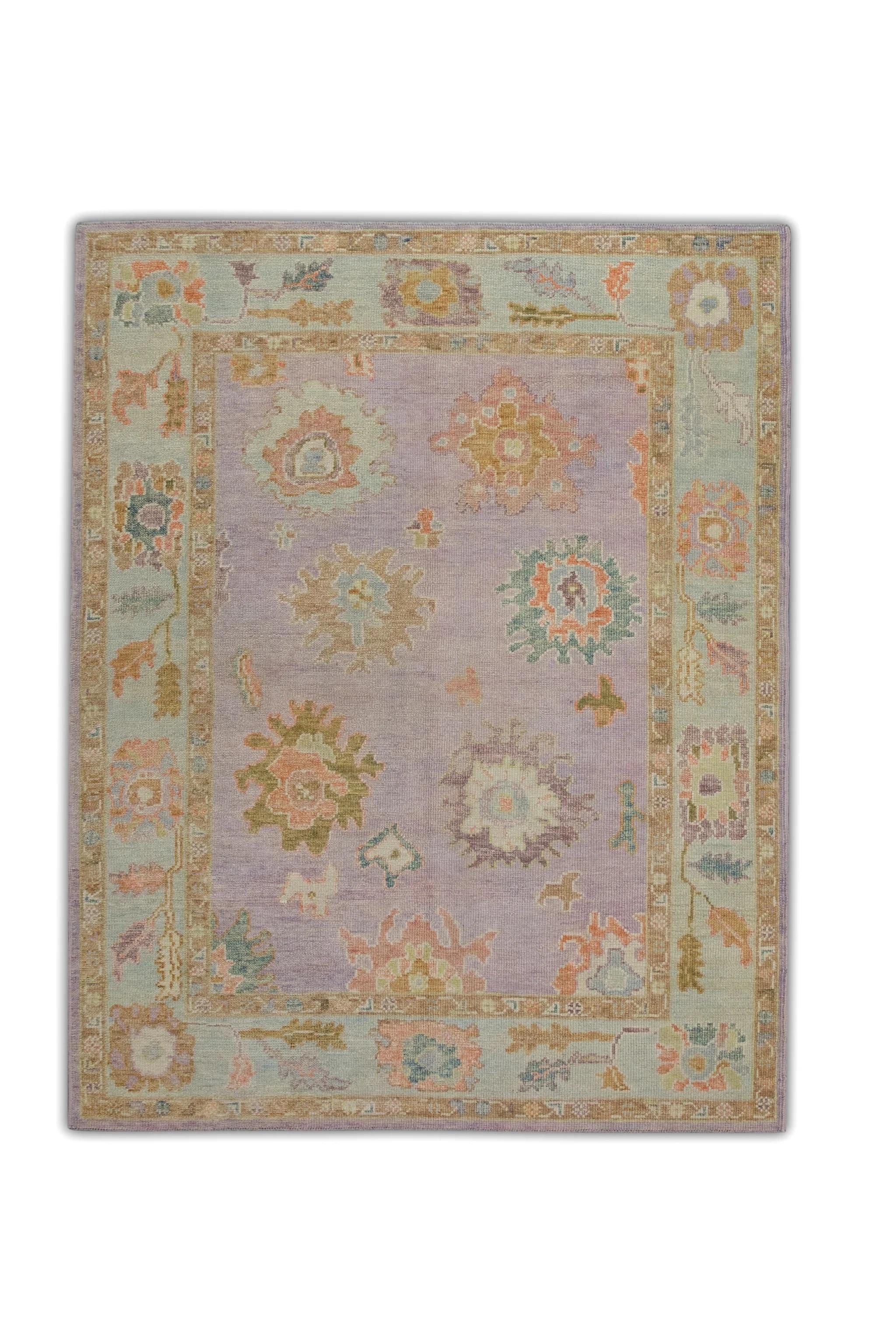 Soft Purple Handwoven Wool Turkish Oushak Rug w/ Colorful Floral Design 5'1x6'8 For Sale 1