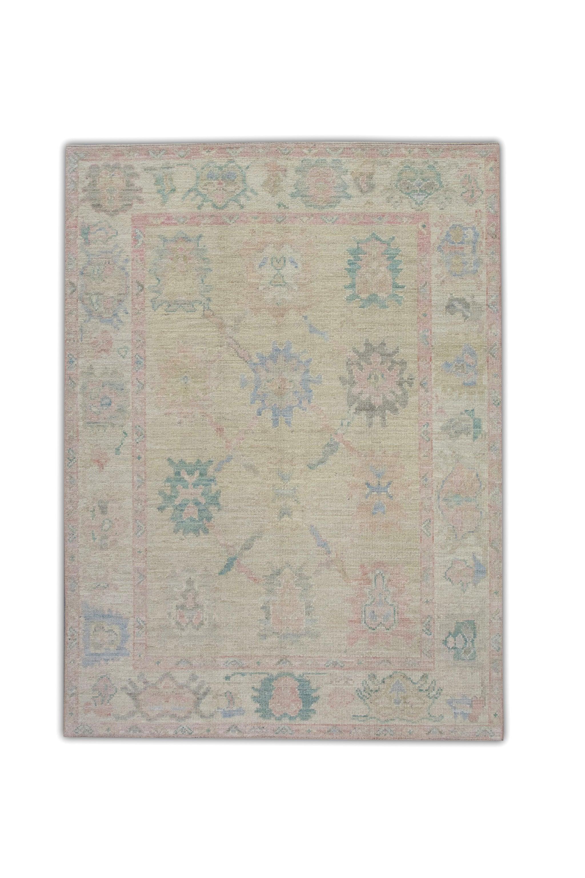 Multicolor Floral Handwoven Wool Turkish Oushak Rug 5' x 6'9