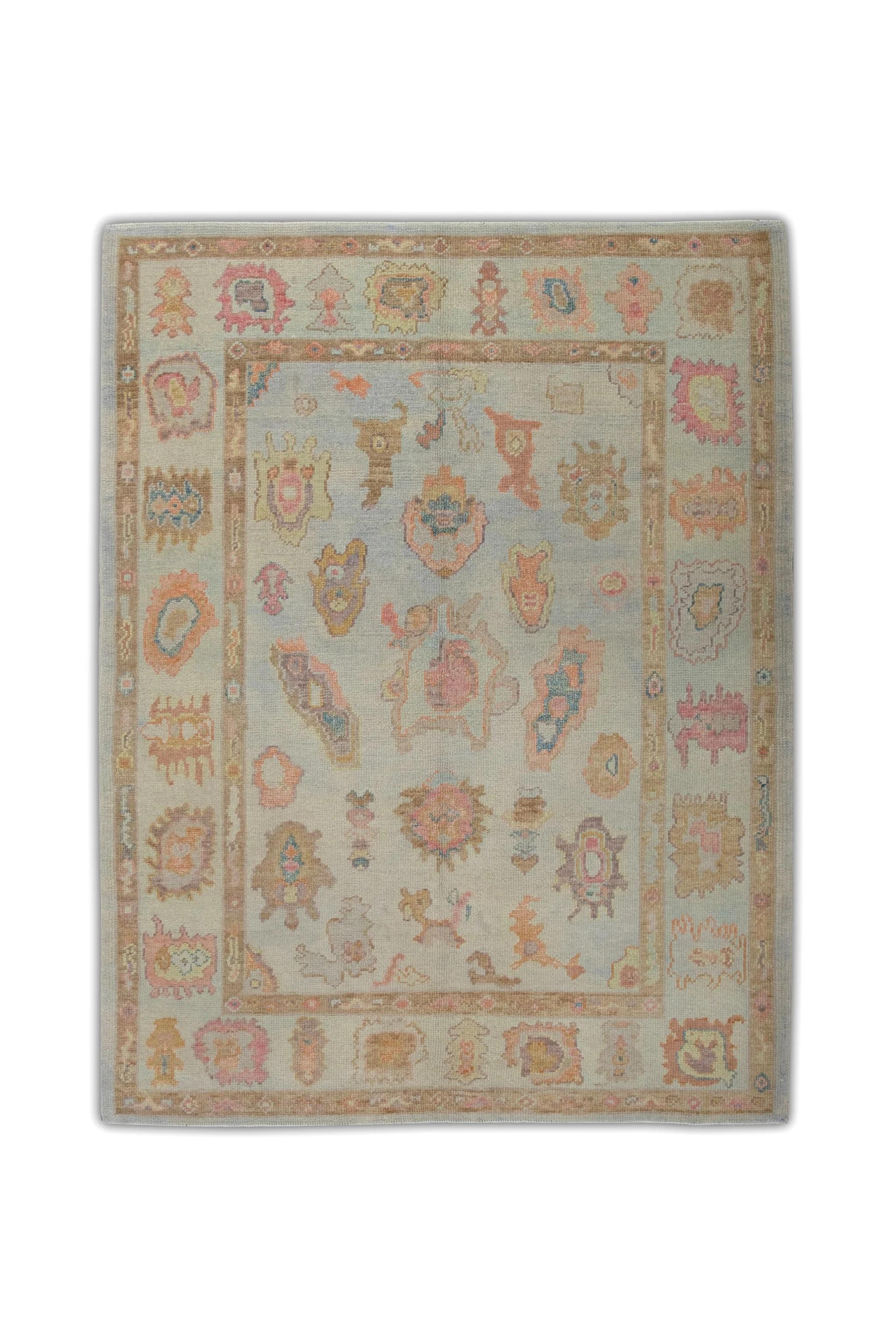 Blue Handwoven Wool Turkish Oushak Rug with Multicolor Floral Pattern 4'11 x 6'7 1