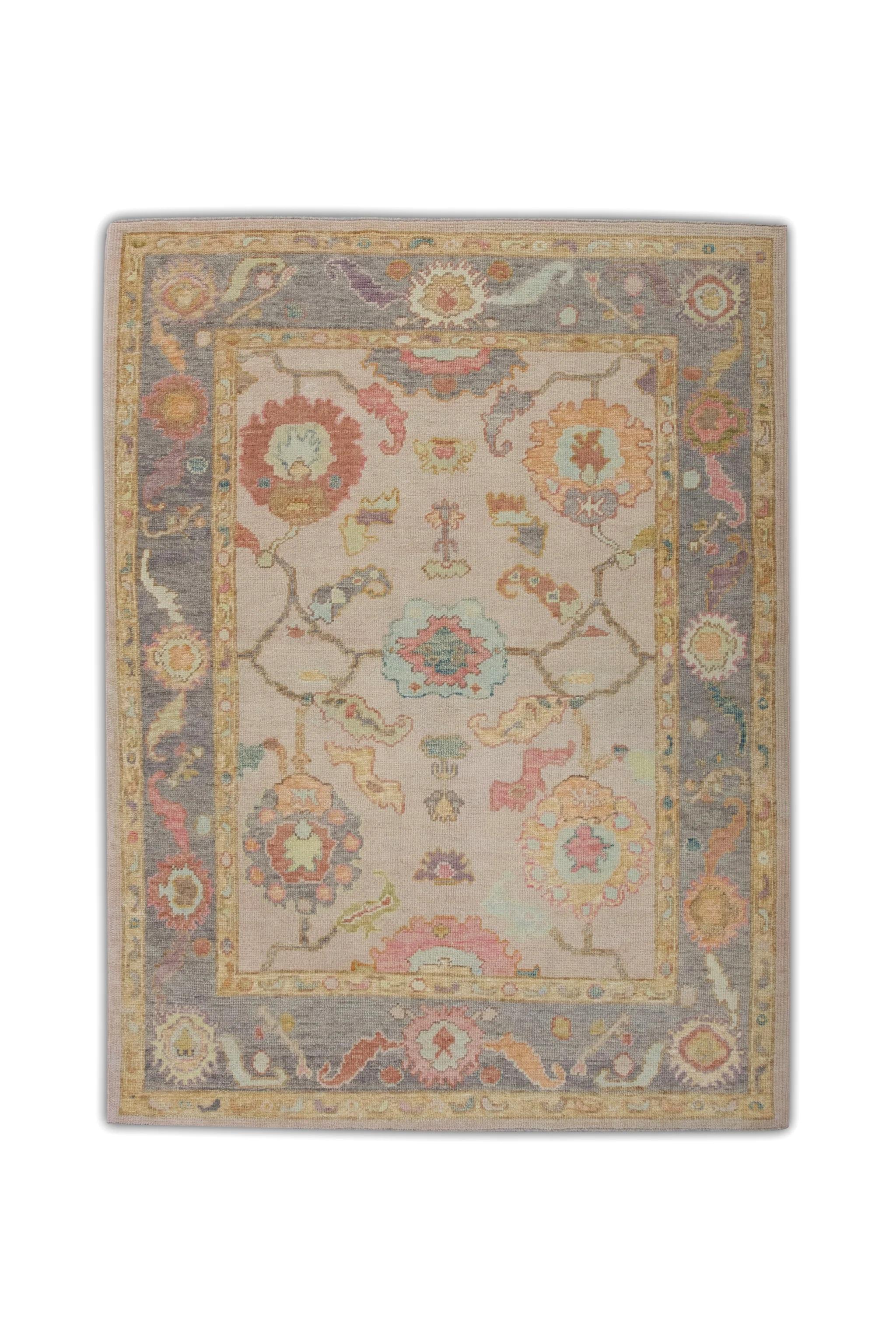 Floral Handwoven Wool Turkish Oushak Rug in Soft Pink and Purple 5' x 6'9