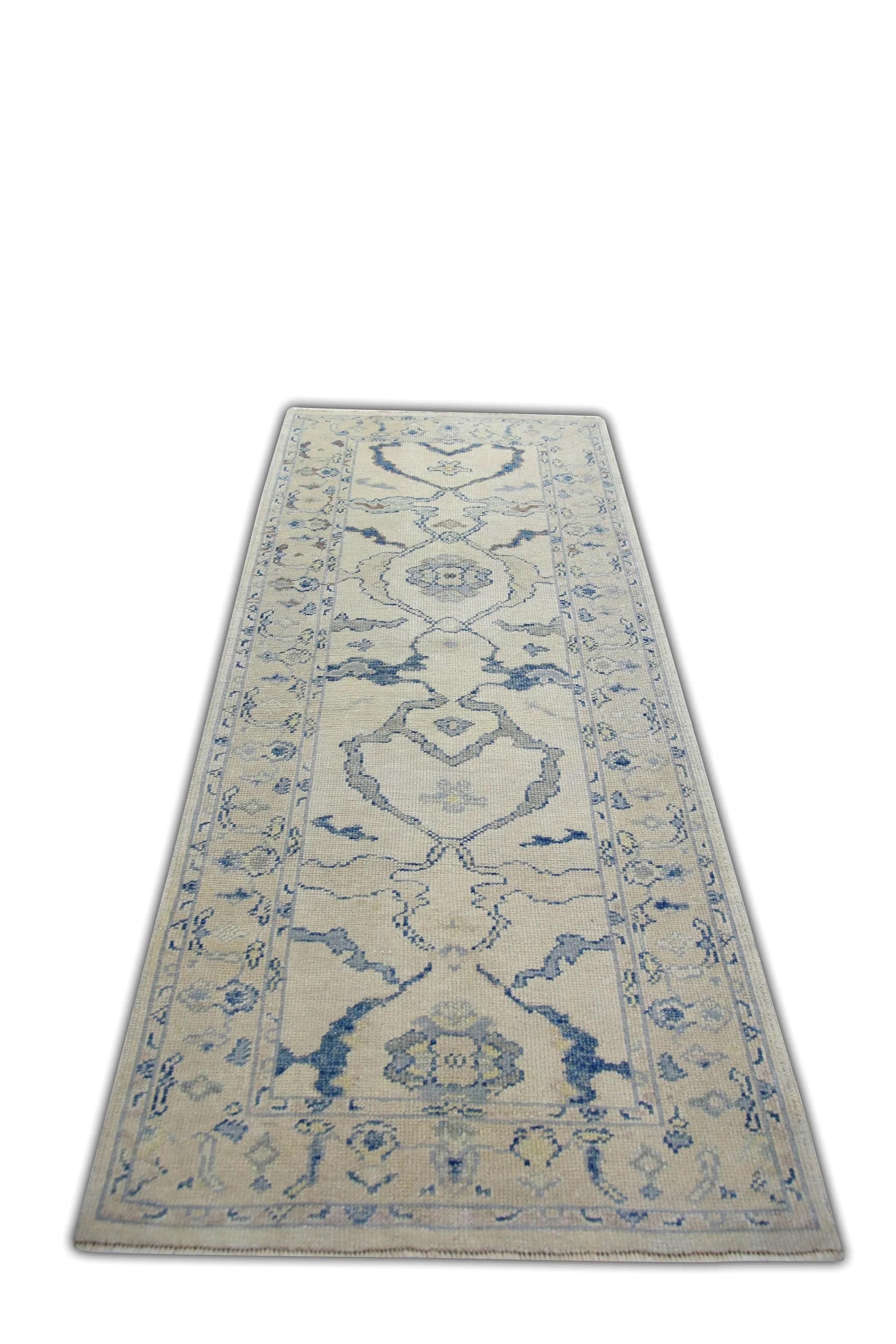 Cream and Blue Floral Handwoven Wool Turkish Oushak Rug 3'1