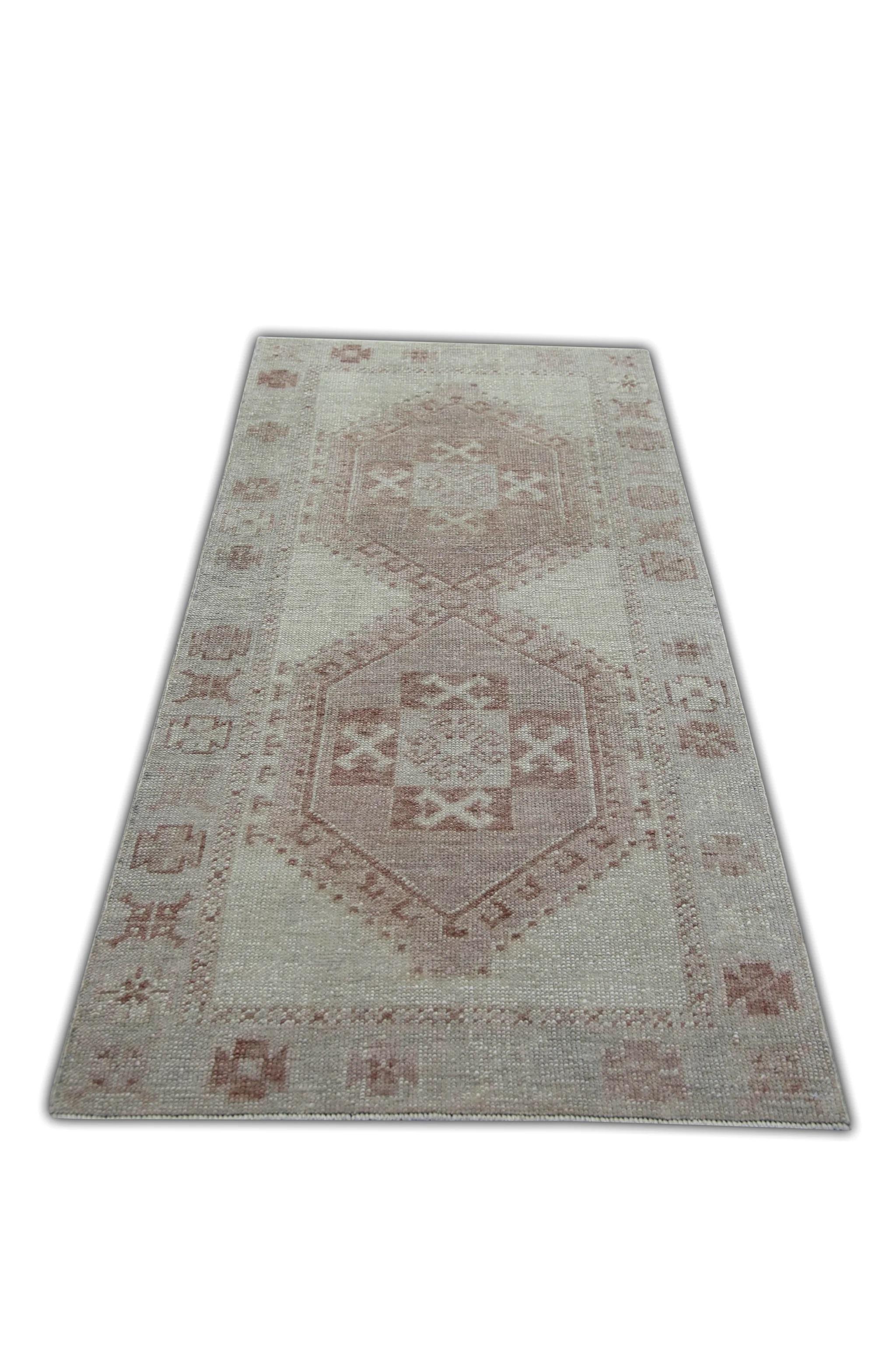 Pink and Beige Geometric Medallion Handwoven Wool Turkish Oushak Rug 3' x 6'3