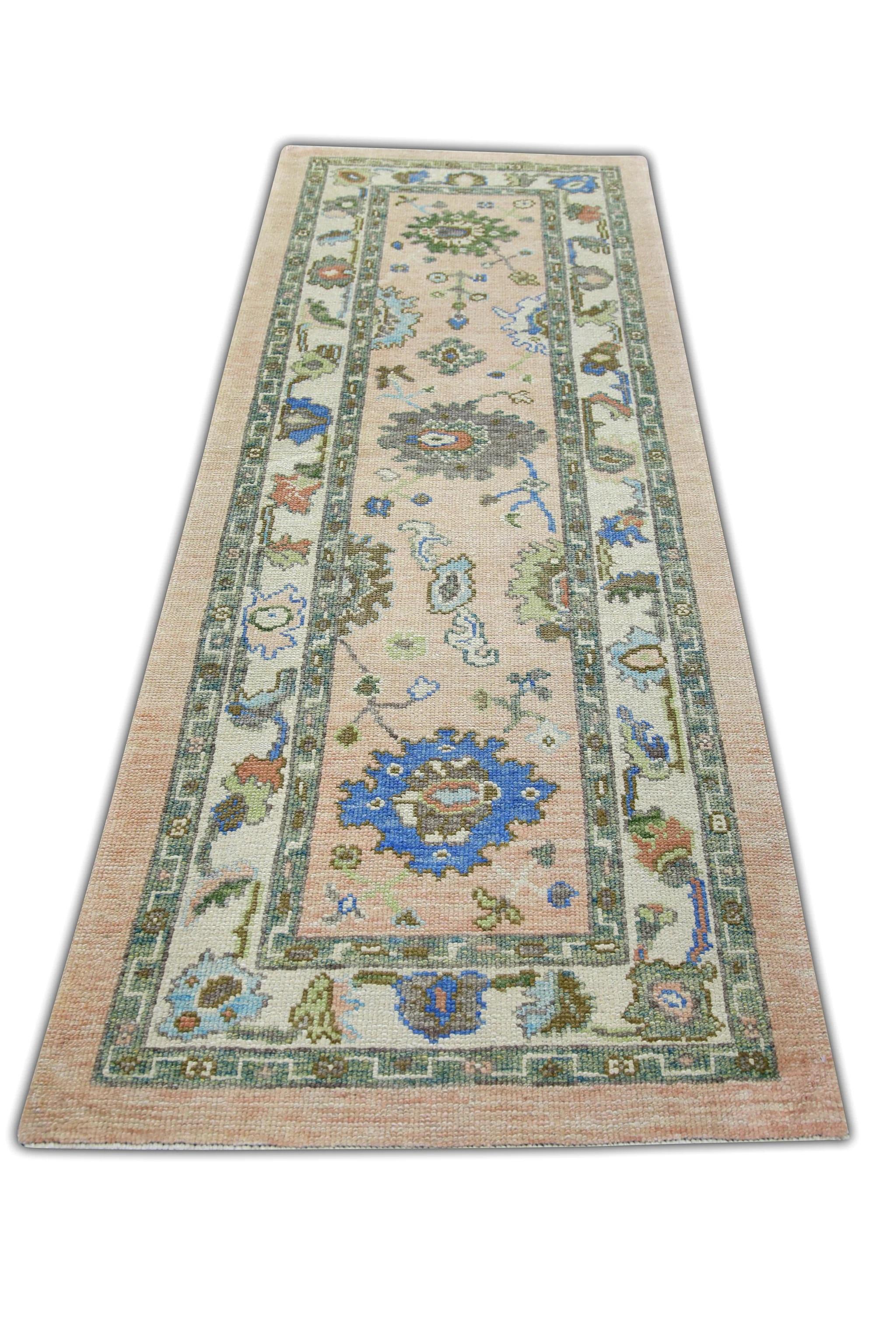 Pale Pink, Green, and Blue Floral Handwoven Wool Turkish Oushak Rug 2'11