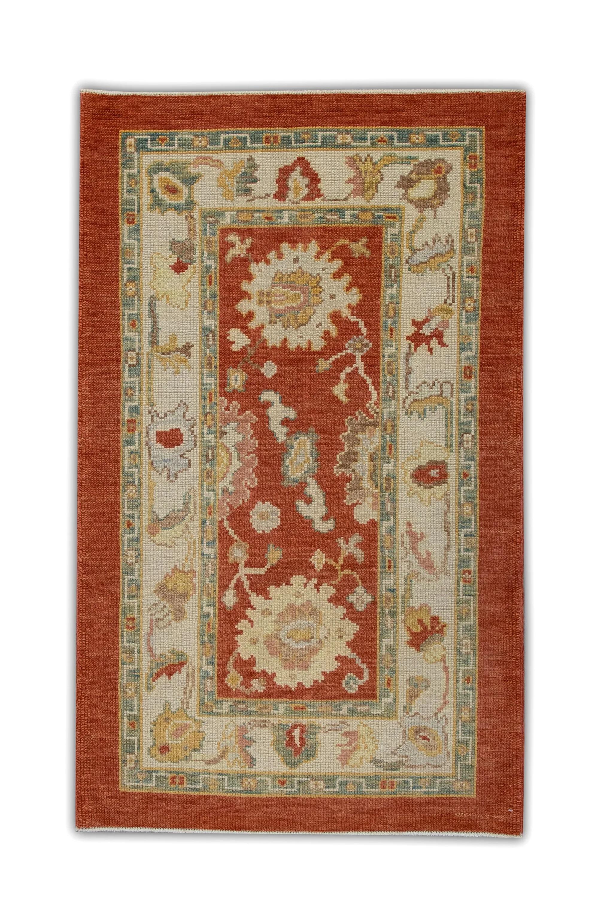 Floral Handwoven Wool Turkish Oushak Rug in Deep Red, Cream, and Green 3'1x4'10 For Sale 1
