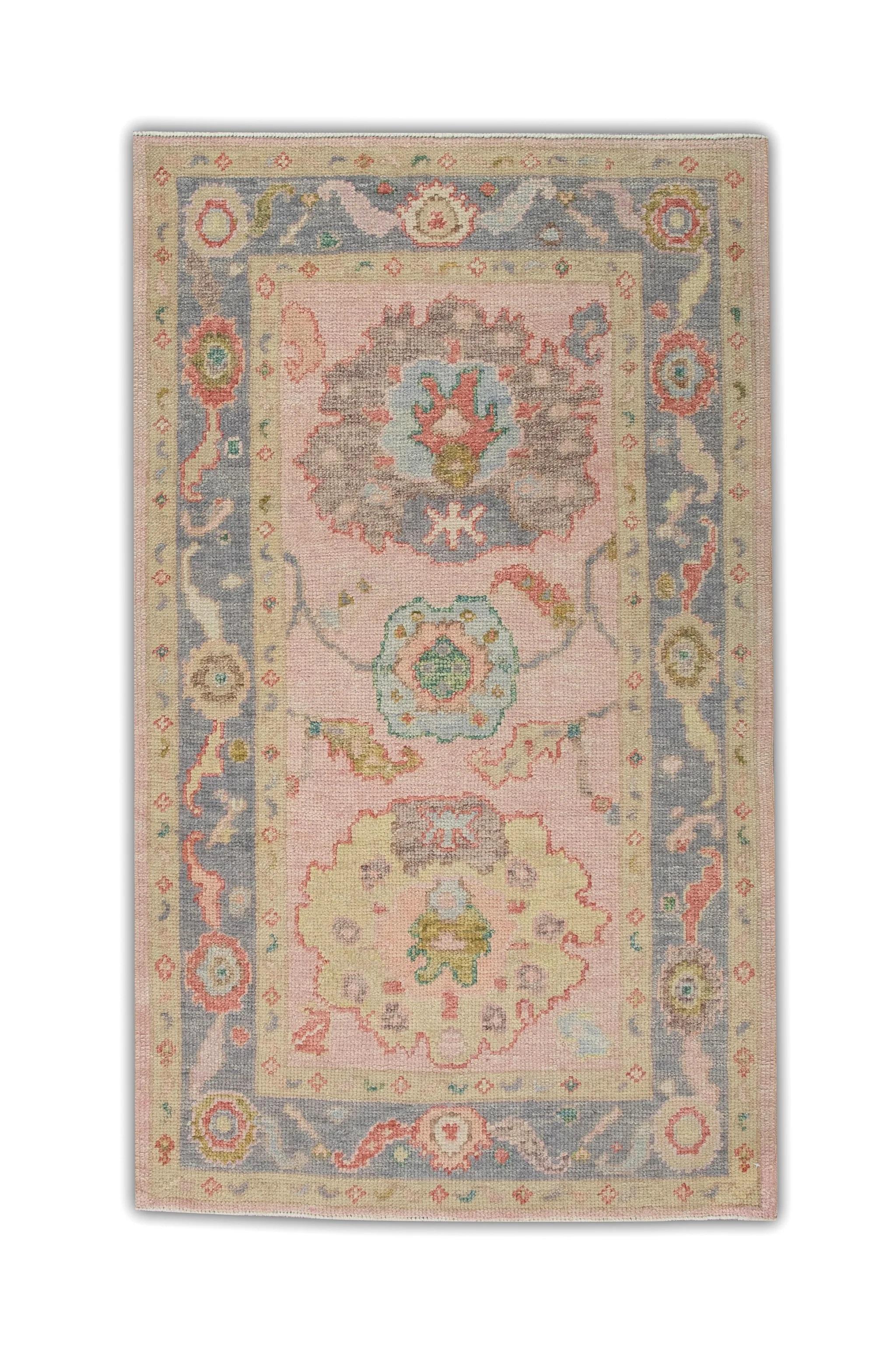 Soft Pink Handwoven Wool Turkish Oushak Rug in Floral Pattern 3' x 4'10