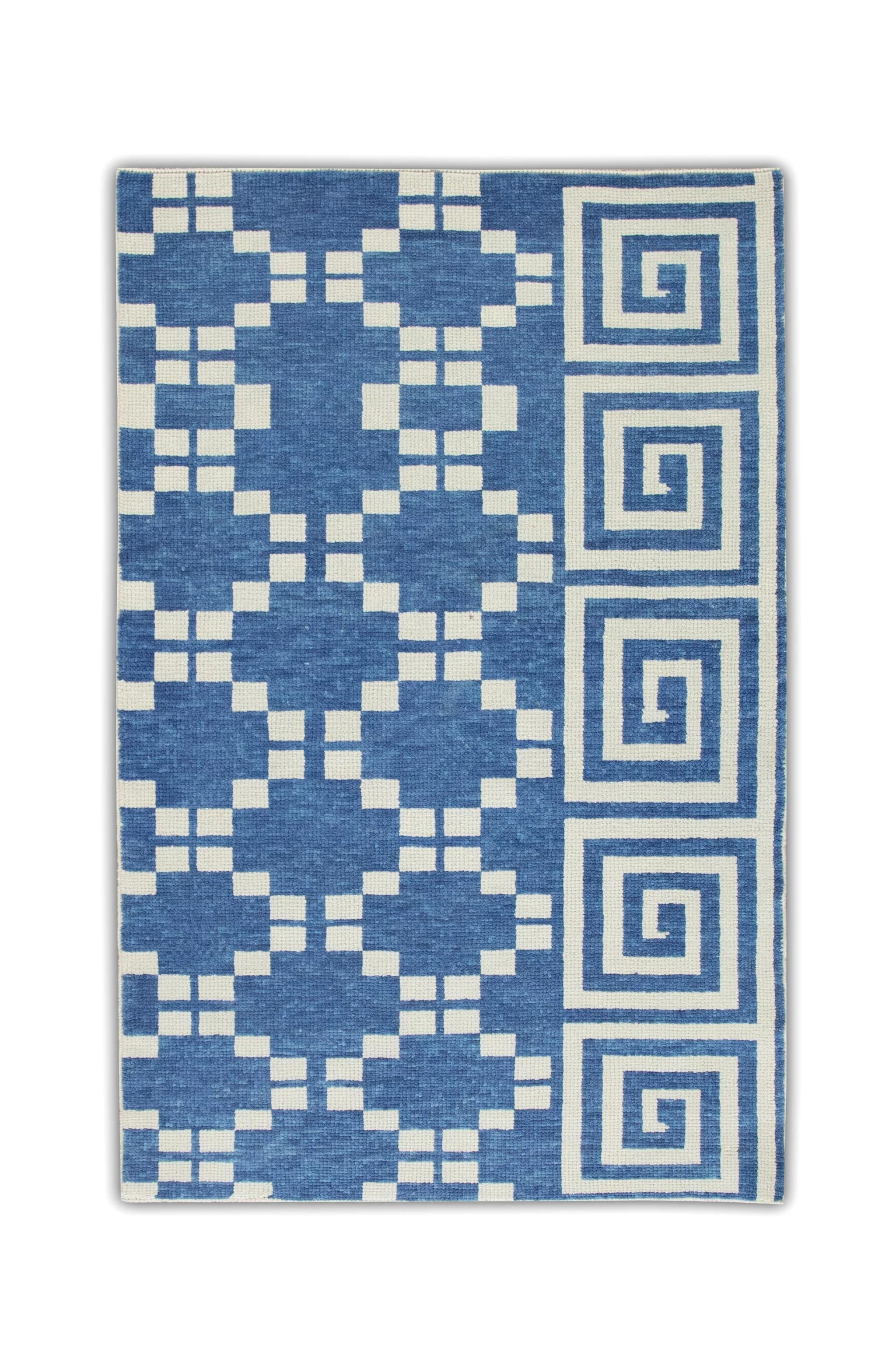Wool Tribal Geometric Handwoven Turkish Oushak Rug in Blue and Cream 3' x 5'2