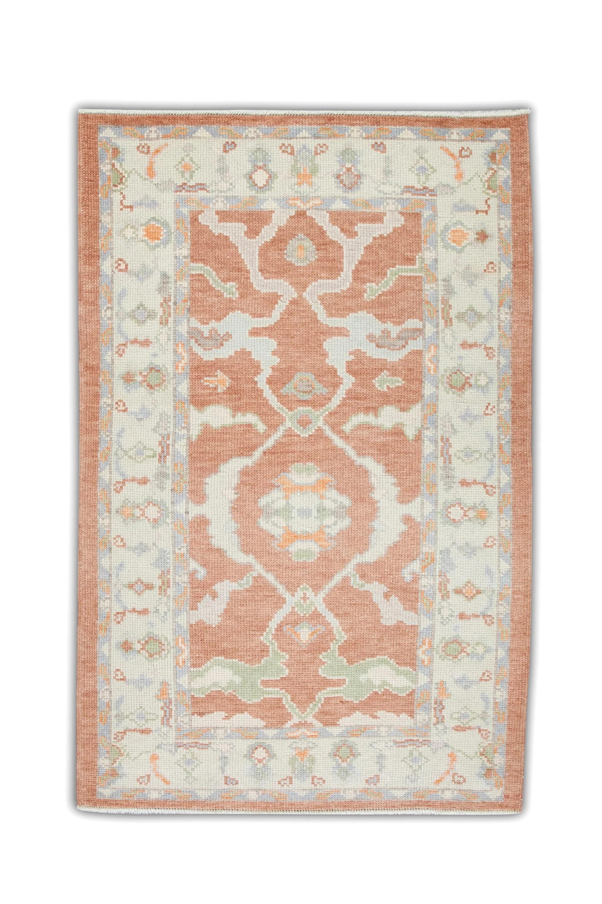 Wool All-Over Floral Handwoven Turkish Oushak Rug in Coral, Cream, and Blue 3'2 x 5'1 For Sale