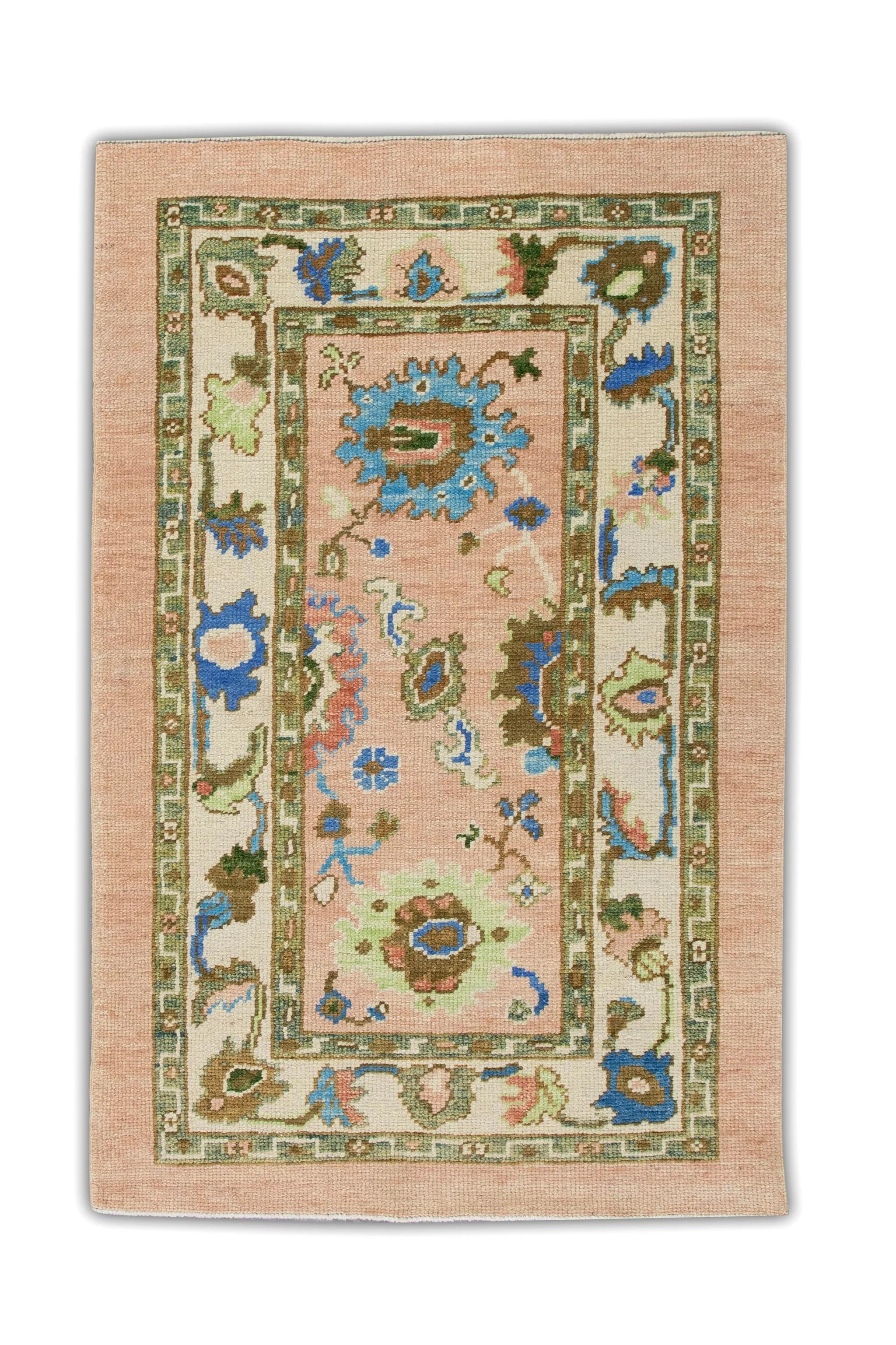 Wool Floral Handwoven Turkish Oushak Rug in Coral, Green, Brown, and Blue 3' x 5'1