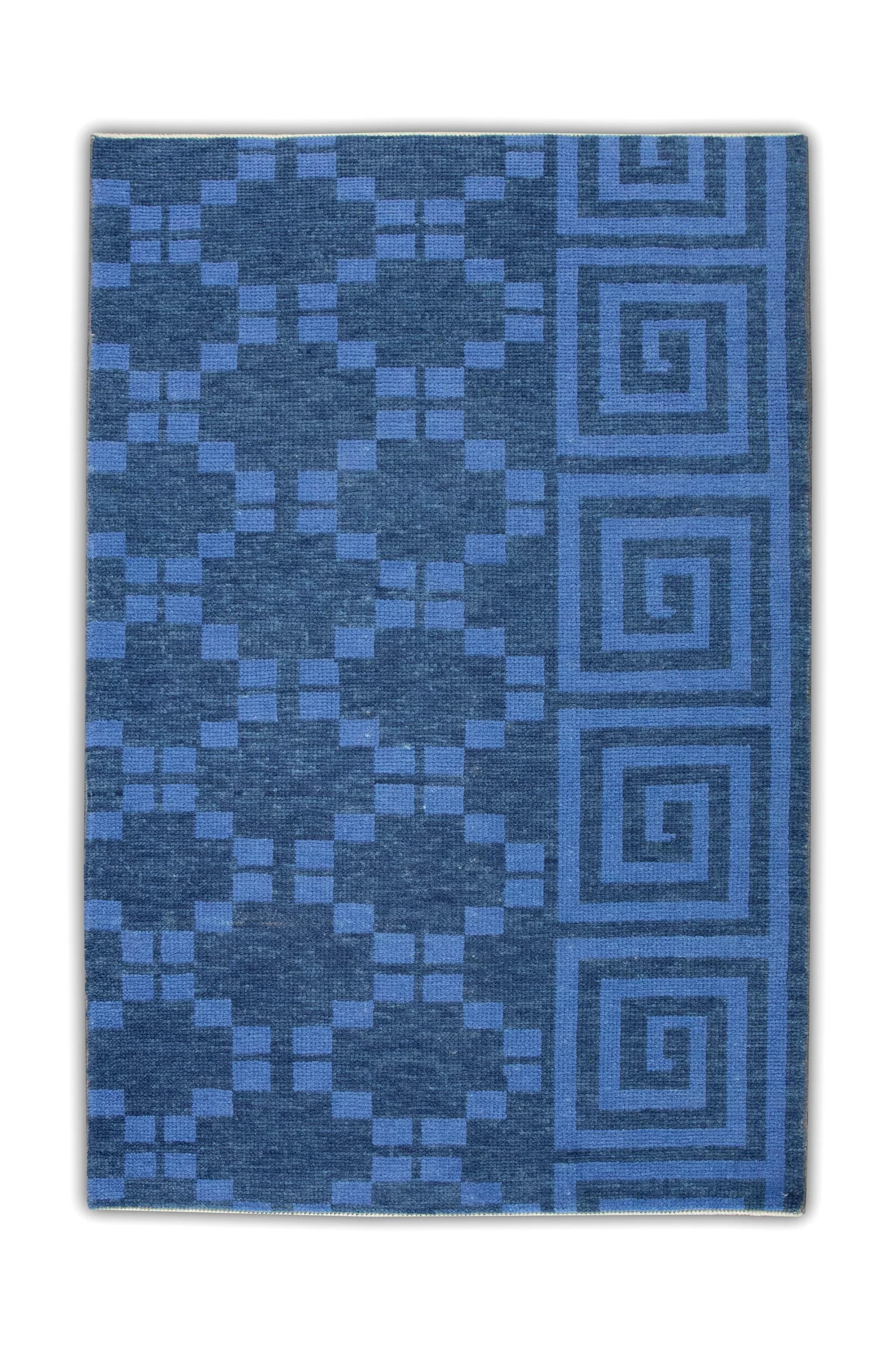 XXIe siècle et contemporain Tapis turc Oushak en laine tissé à la main à motif tribal géométrique bleu 3'1
