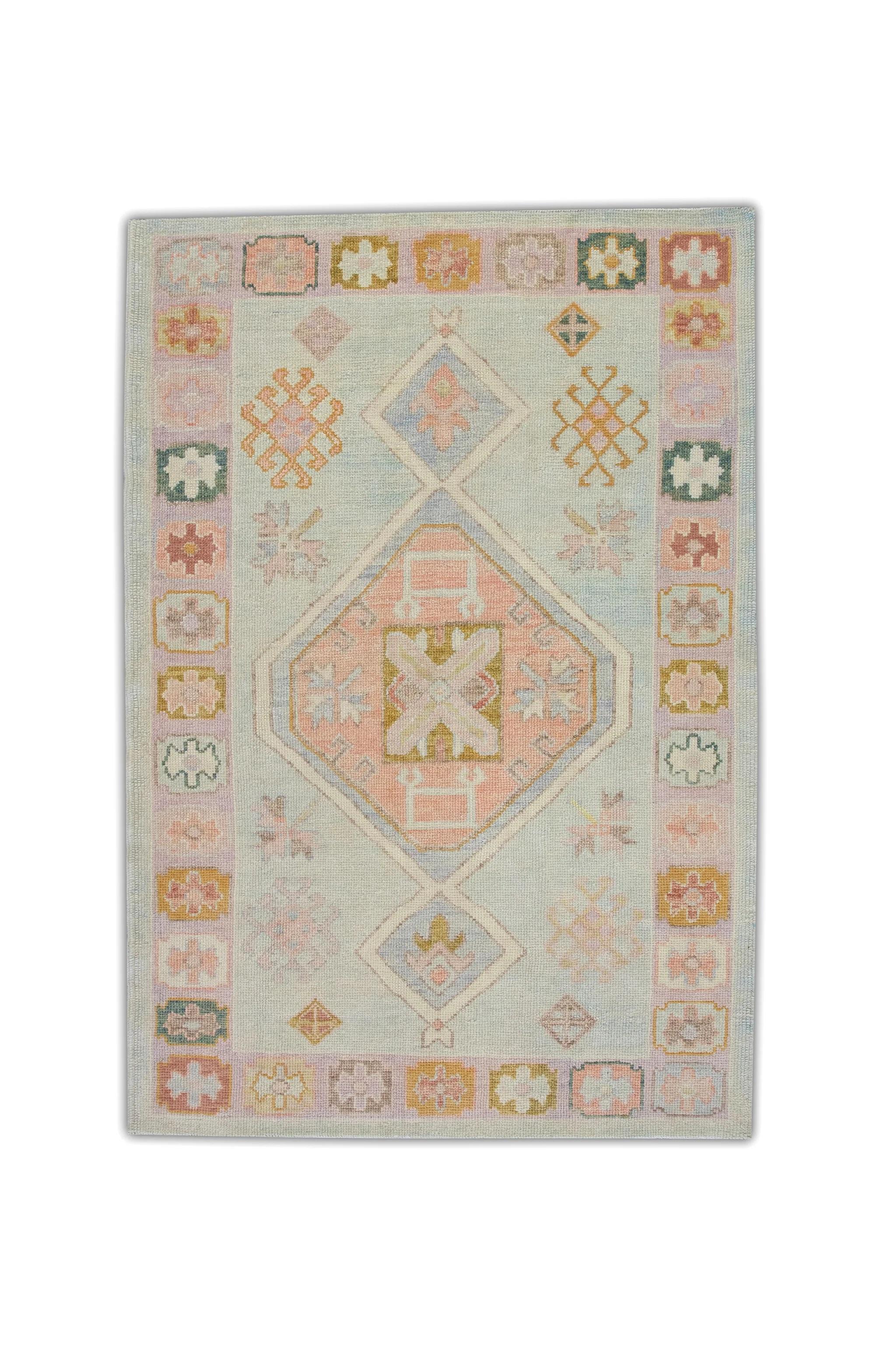 Baby Blue Geometric Diamond Design Handwoven Wool Turkish Oushak Rug 4'3