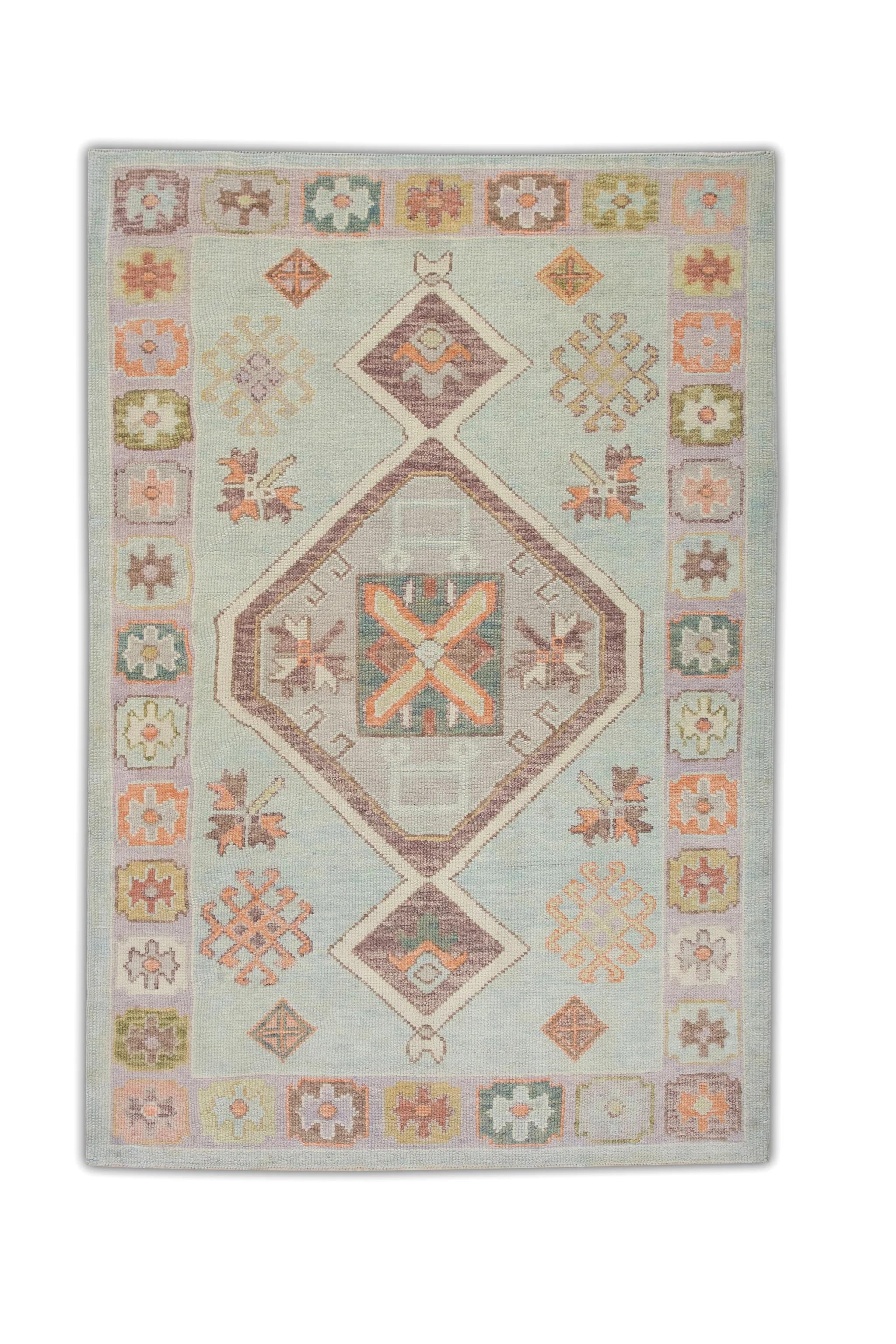 Baby Blue Handwoven Wool Turkish Oushak Rug w/ Colorful Diamond Pattern 4'2x6'4 For Sale 1