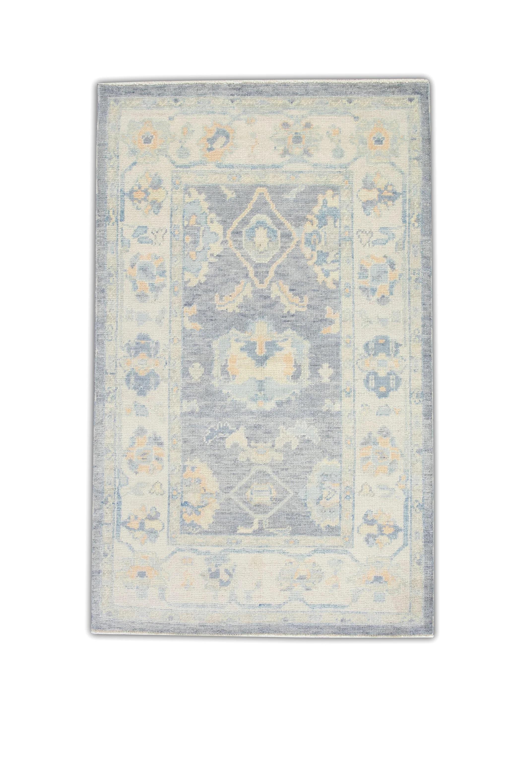 Contemporary Periwinkle Blue Floral Design Handwoven Wool Turkish Oushak Rug 3'10