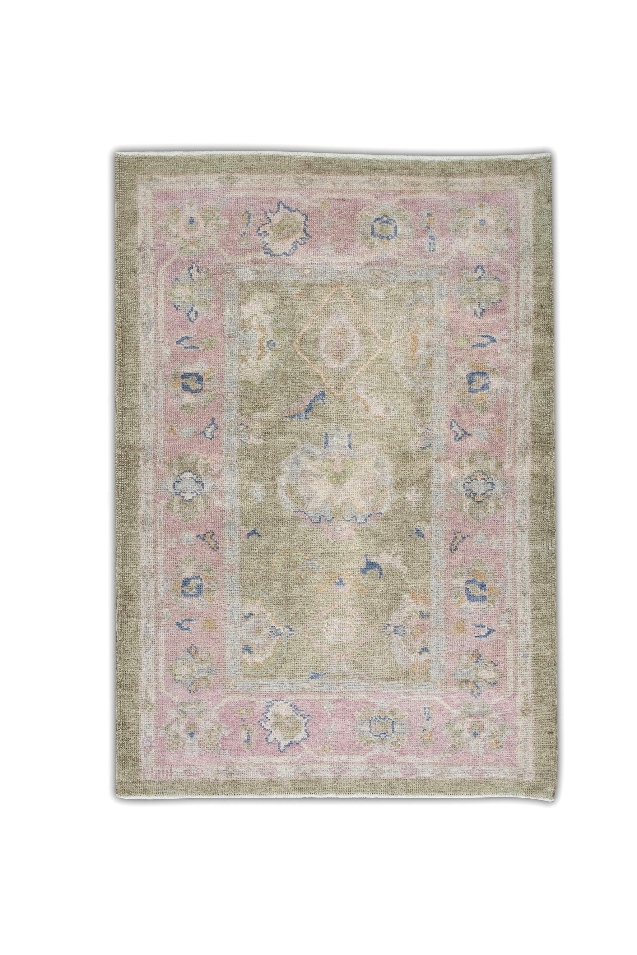 Vegetable Dyed Olive Green and Pink Floral Design Handwoven Wool Turkish Oushak Rug 4'1