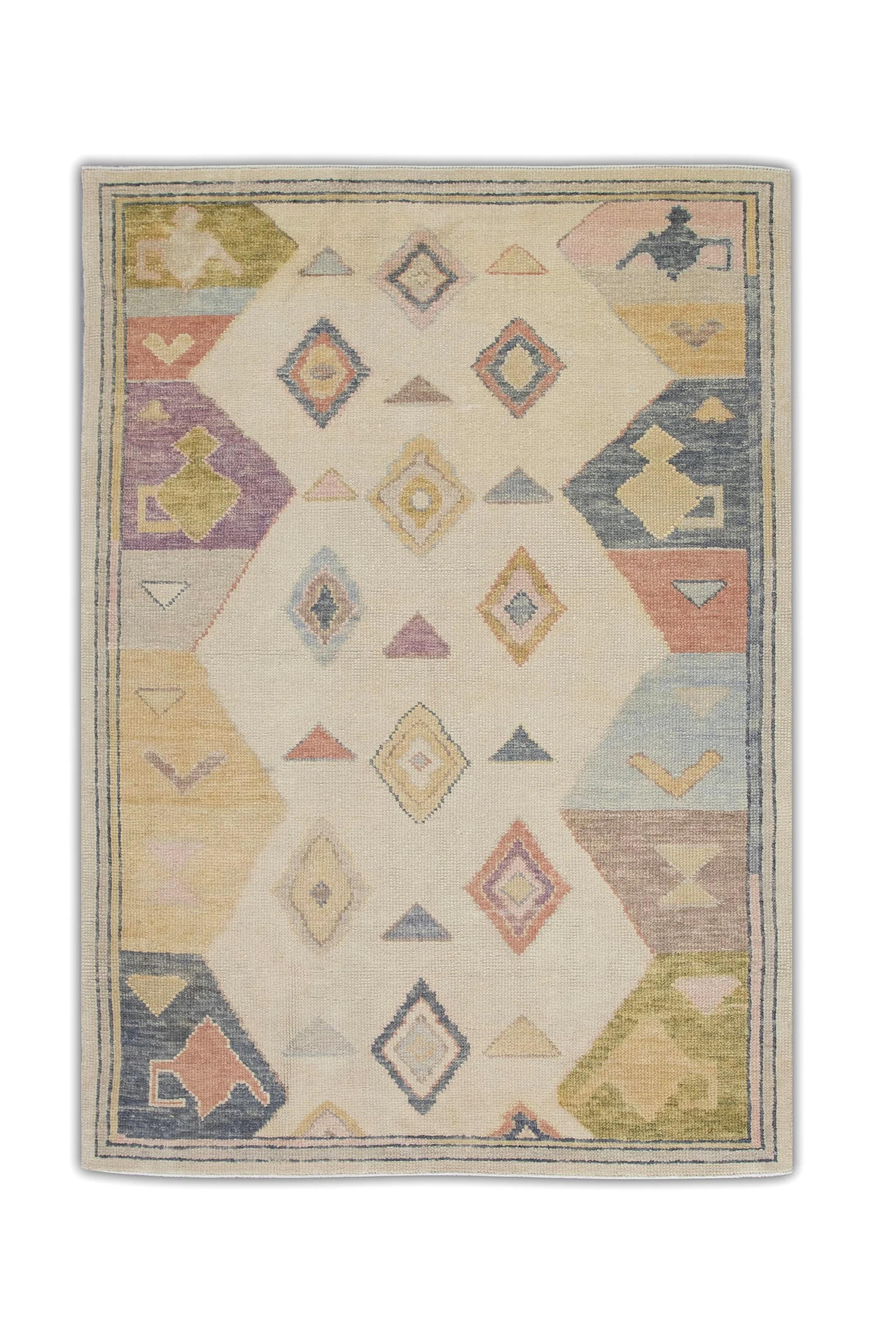 Multicolor Geometric Pattern Handwoven Wool Turkish Oushak Rug 4'2