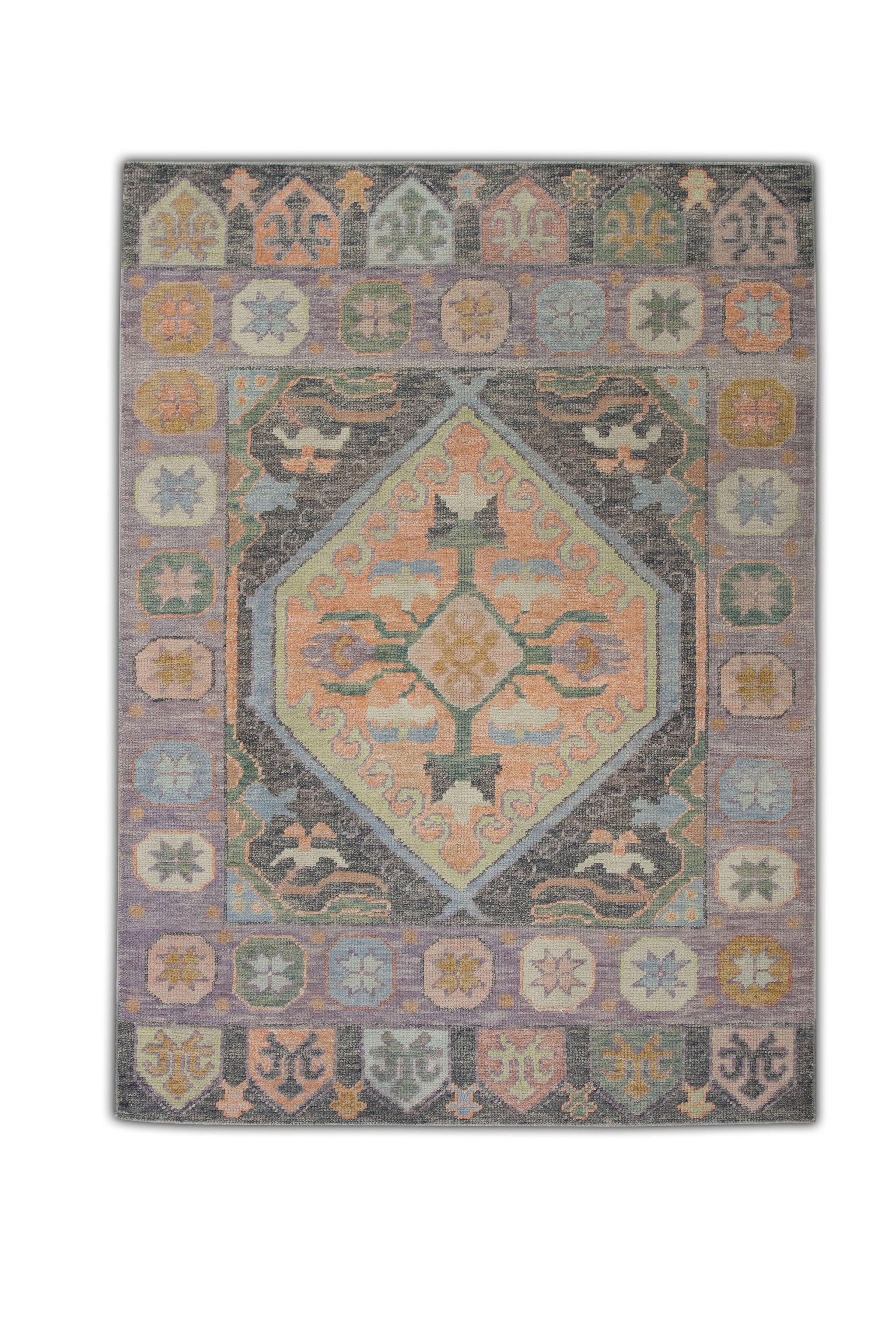 Colorful Geometric Medallion Design Handwoven Wool Turkish Oushak Rug 4' x 5'10