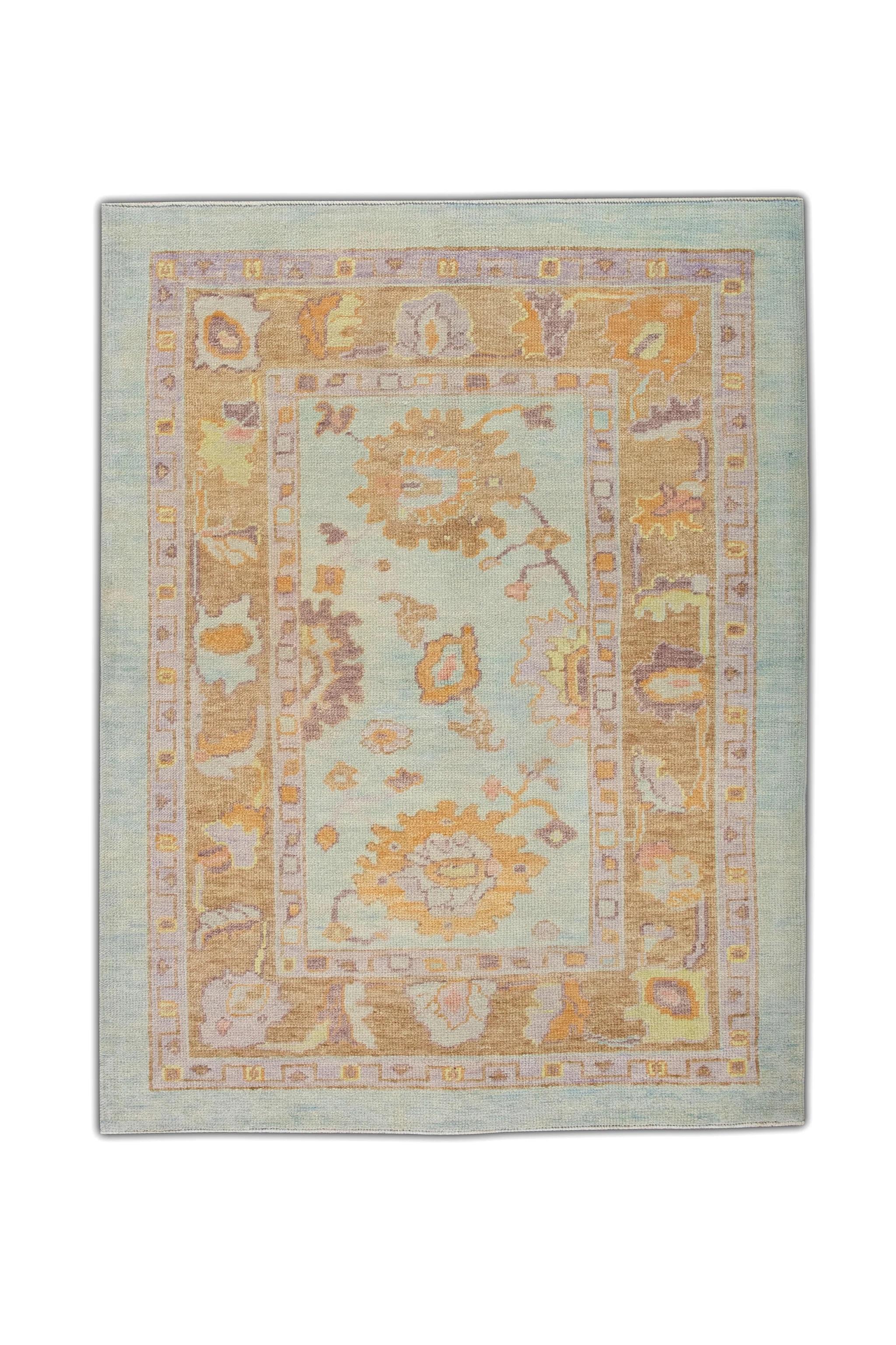 Handgewebter türkischer Oushak-Teppich aus Wolle in Blau mit buntem Blumenmuster 4'2