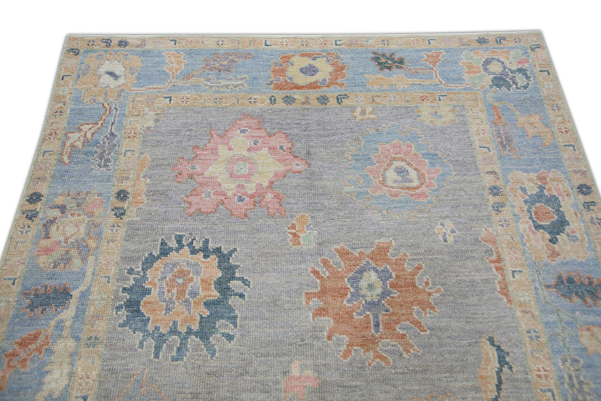Blue Handwoven Wool Turkish Oushak Rug with Floral Design 5' x 6'11