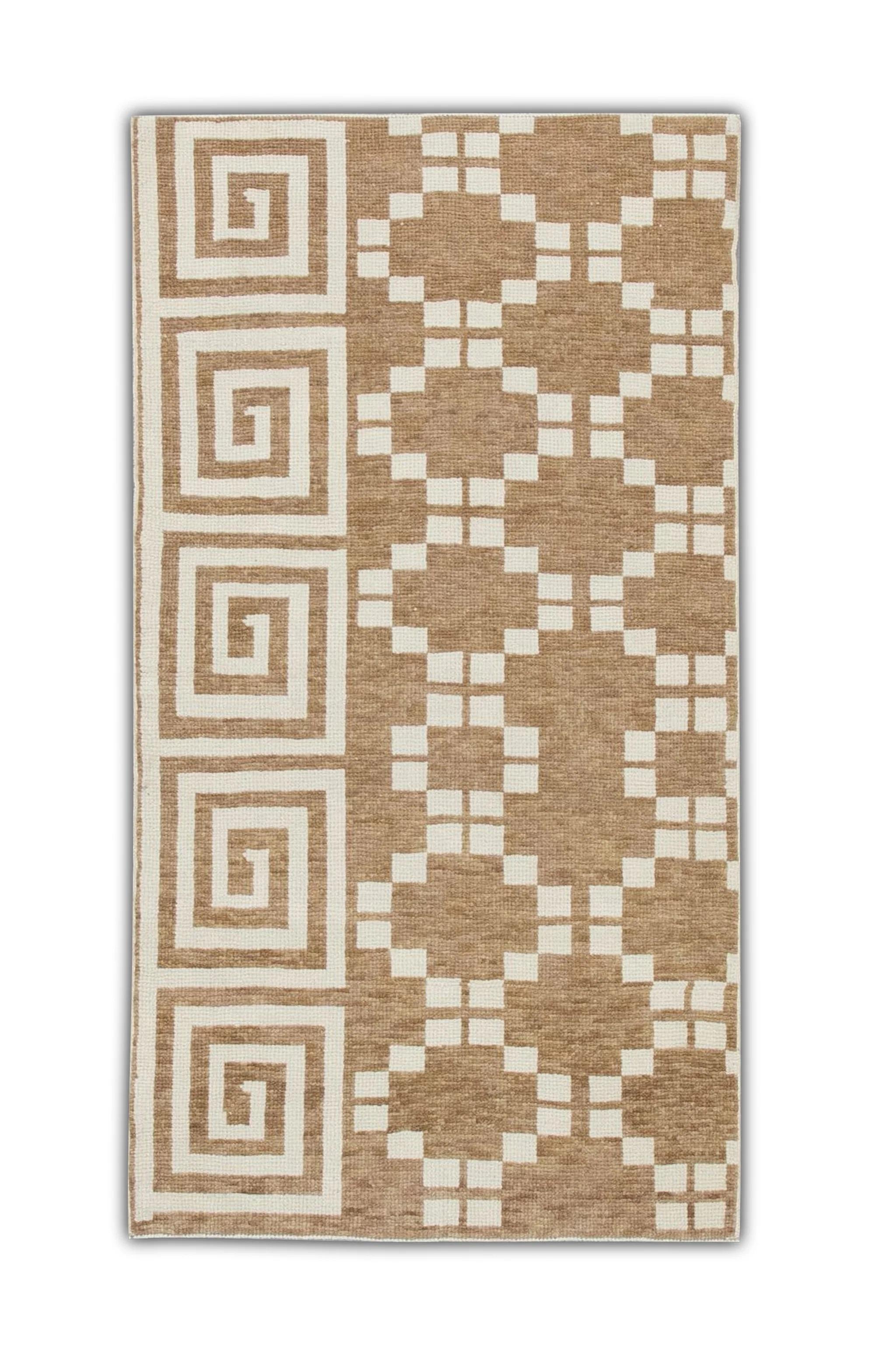 Brown Geometric Design Handwoven Wool Turkish Oushak Rug 2'10