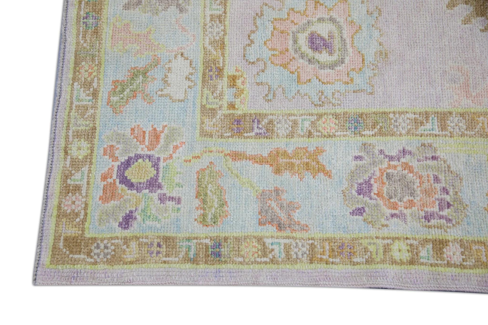 Handwoven Wool Turkish Oushak Rug Lilac Field Multicolor Floral Design 4'2 x 5'7 For Sale 1