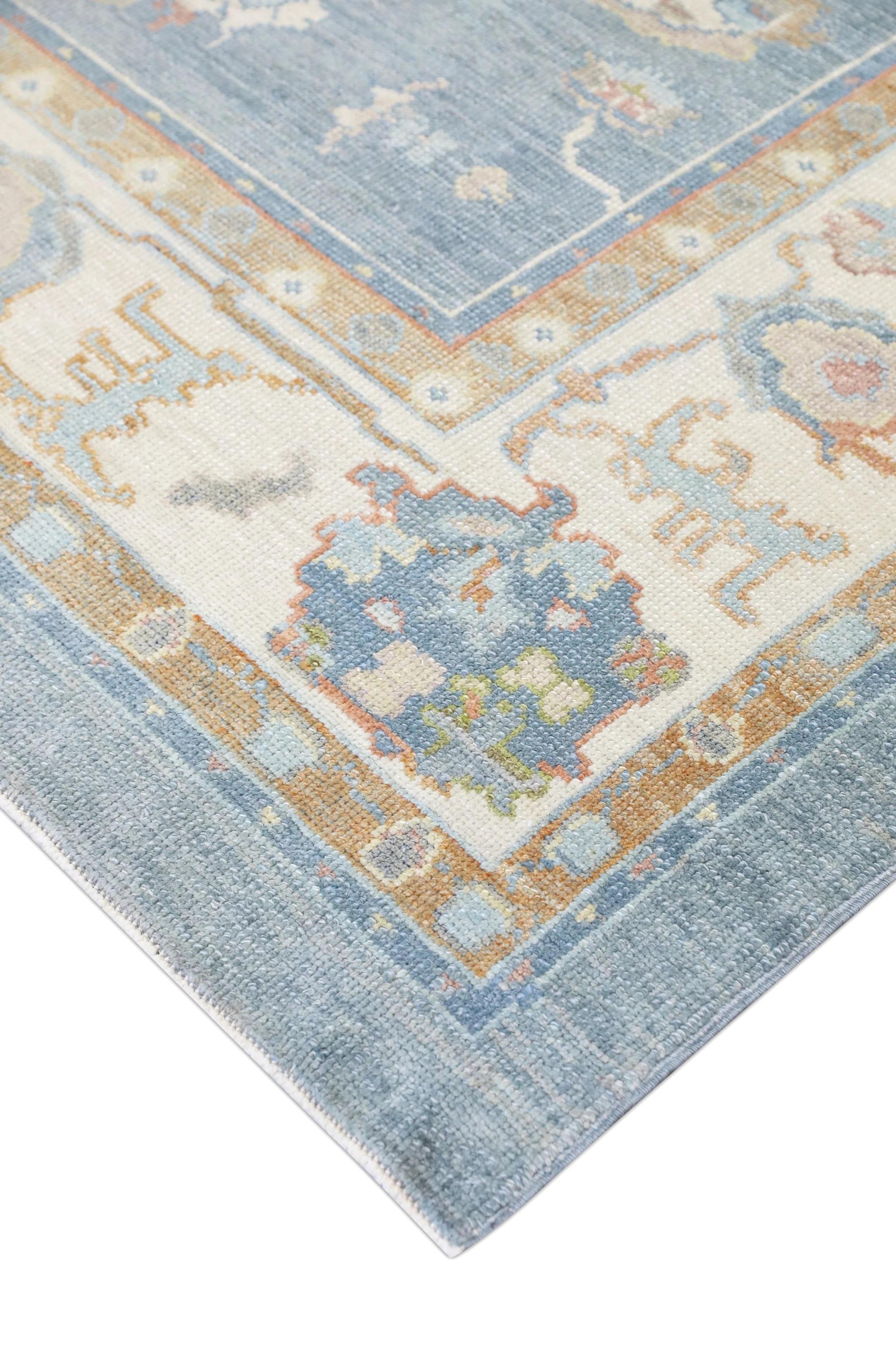 Blue Floral Design Turkish Oushak Rug Made with Handwoven Wool 9'4