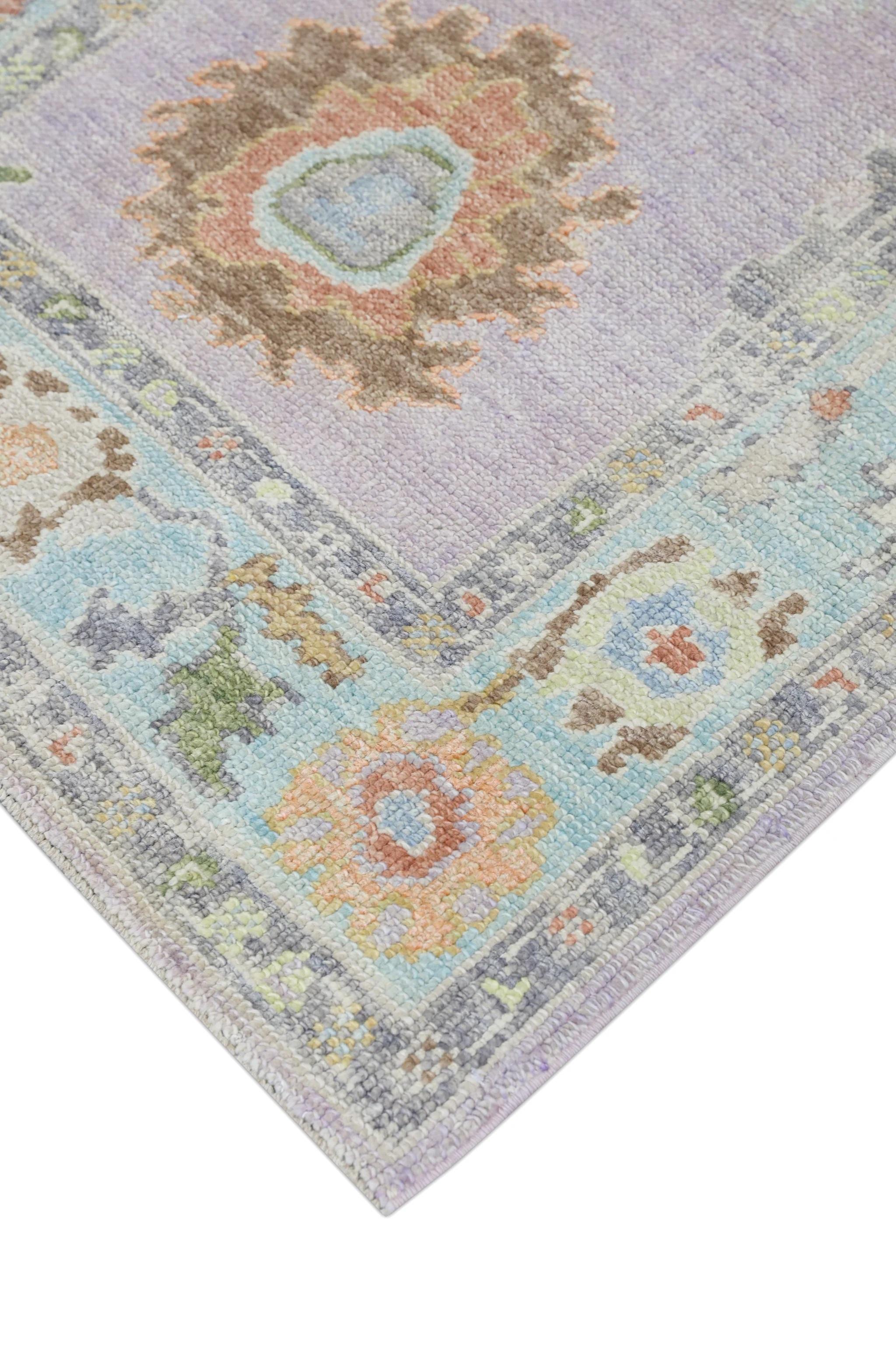 Handwoven Wool Turkish Oushak Rug with Lilac Floral Design 3'1