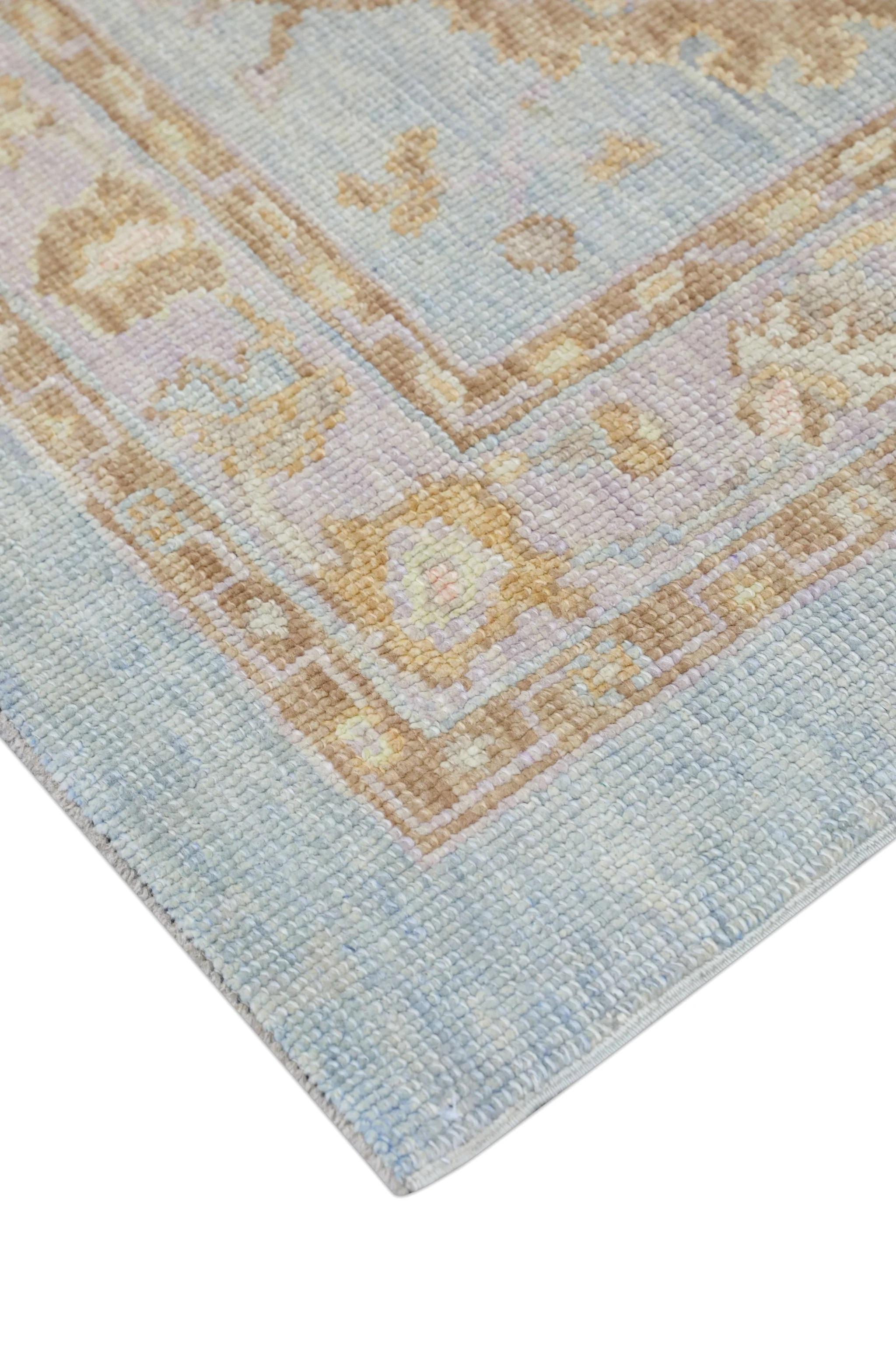 Soft Blue Floral Design Handwoven Wool Turkish Oushak Rug 3'1