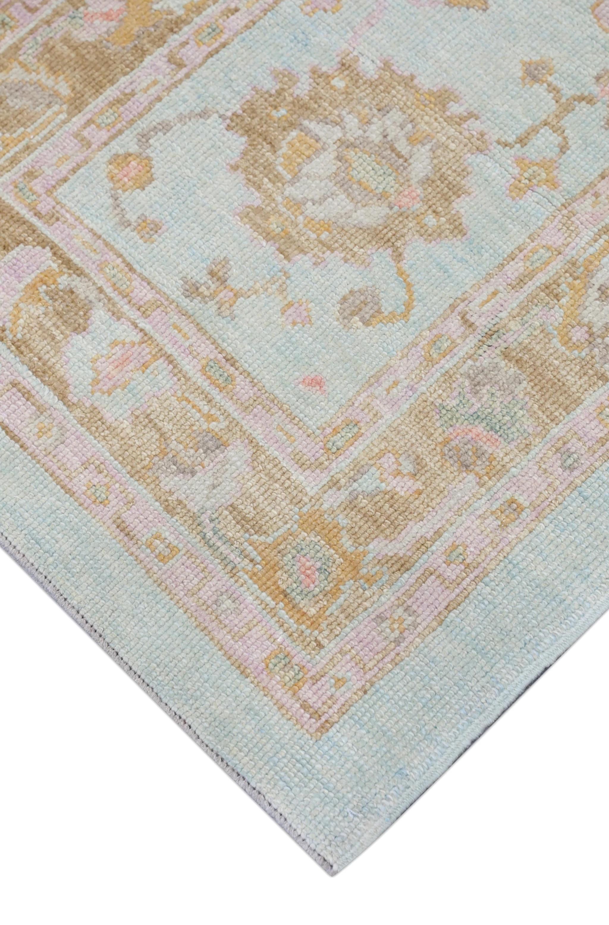 Soft Blue Handwoven Wool Turkish Oushak Rug with Colorful Floral Design 3' x 6'3 For Sale 1