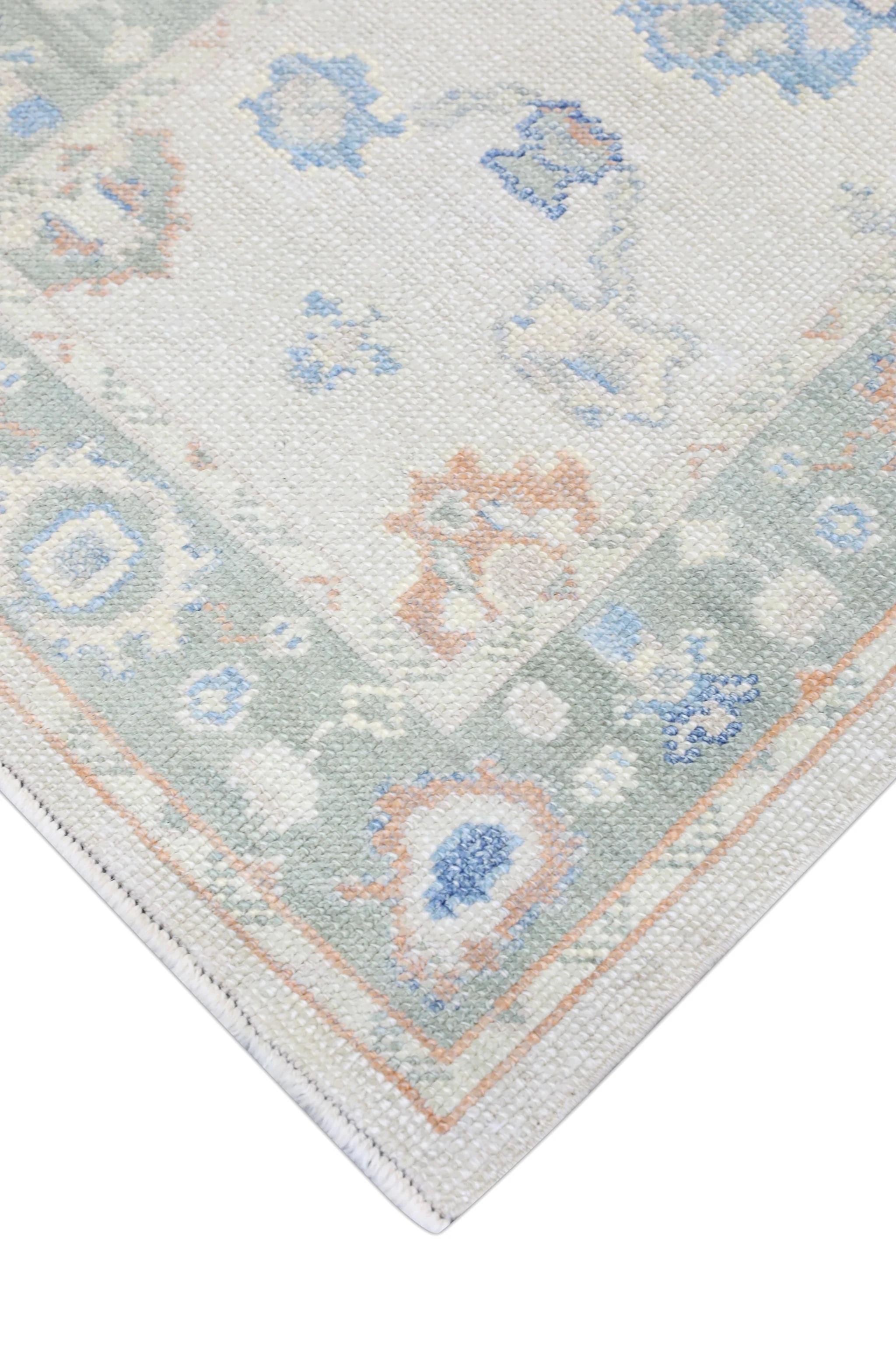 Floral Handwoven Wool Turkish Oushak Rug with Soft Green Border 2'5