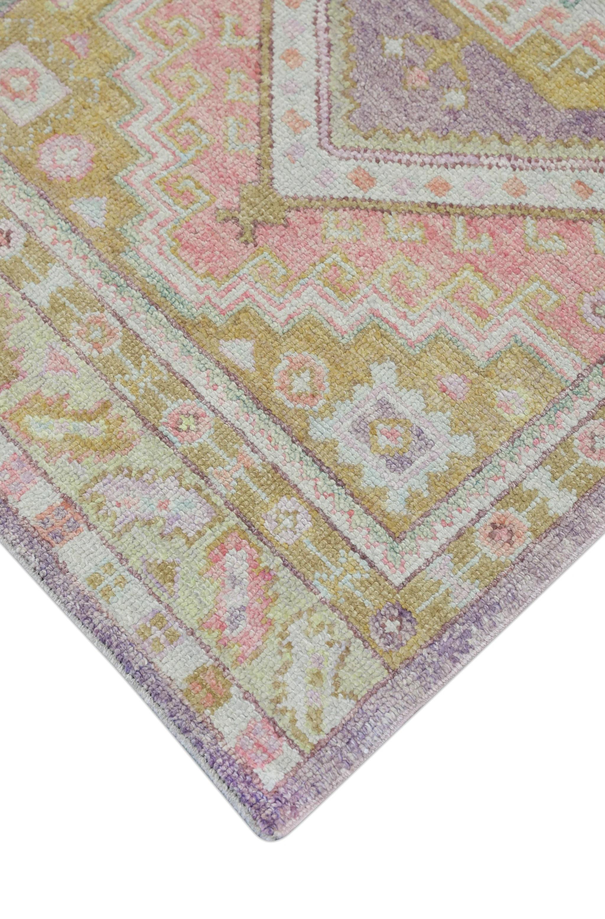XXI secolo e contemporaneo Tappeto Oushak turco multicolore in lana intrecciata a mano con disegno a medaglione 3' x 10'3