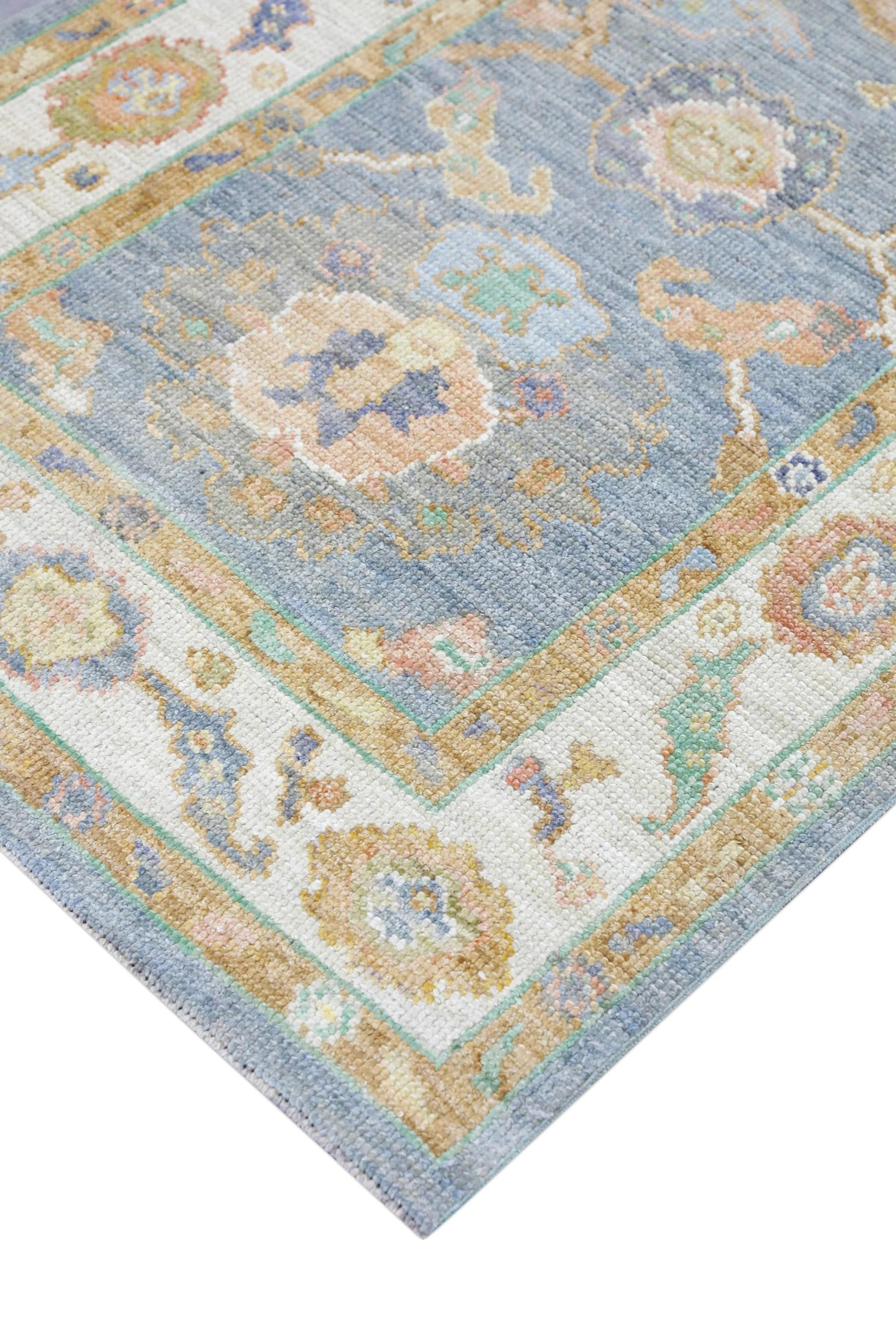 Floral Handwoven Wool Turkish Oushak Rug with Blue Field Yellow Border 2'11 X 5' For Sale 1