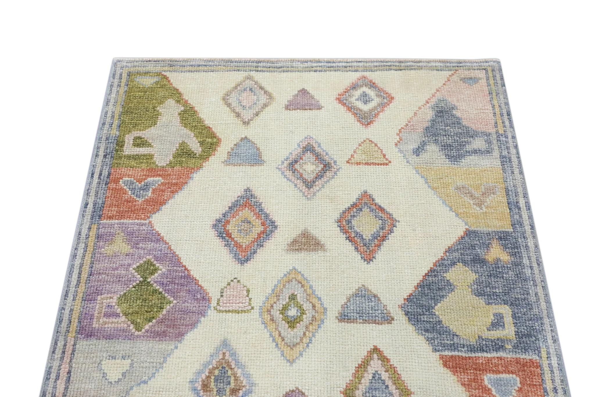Wool Multicolor Handwoven Turkish Oushak Rug with Geometric Design 3' x 4'9