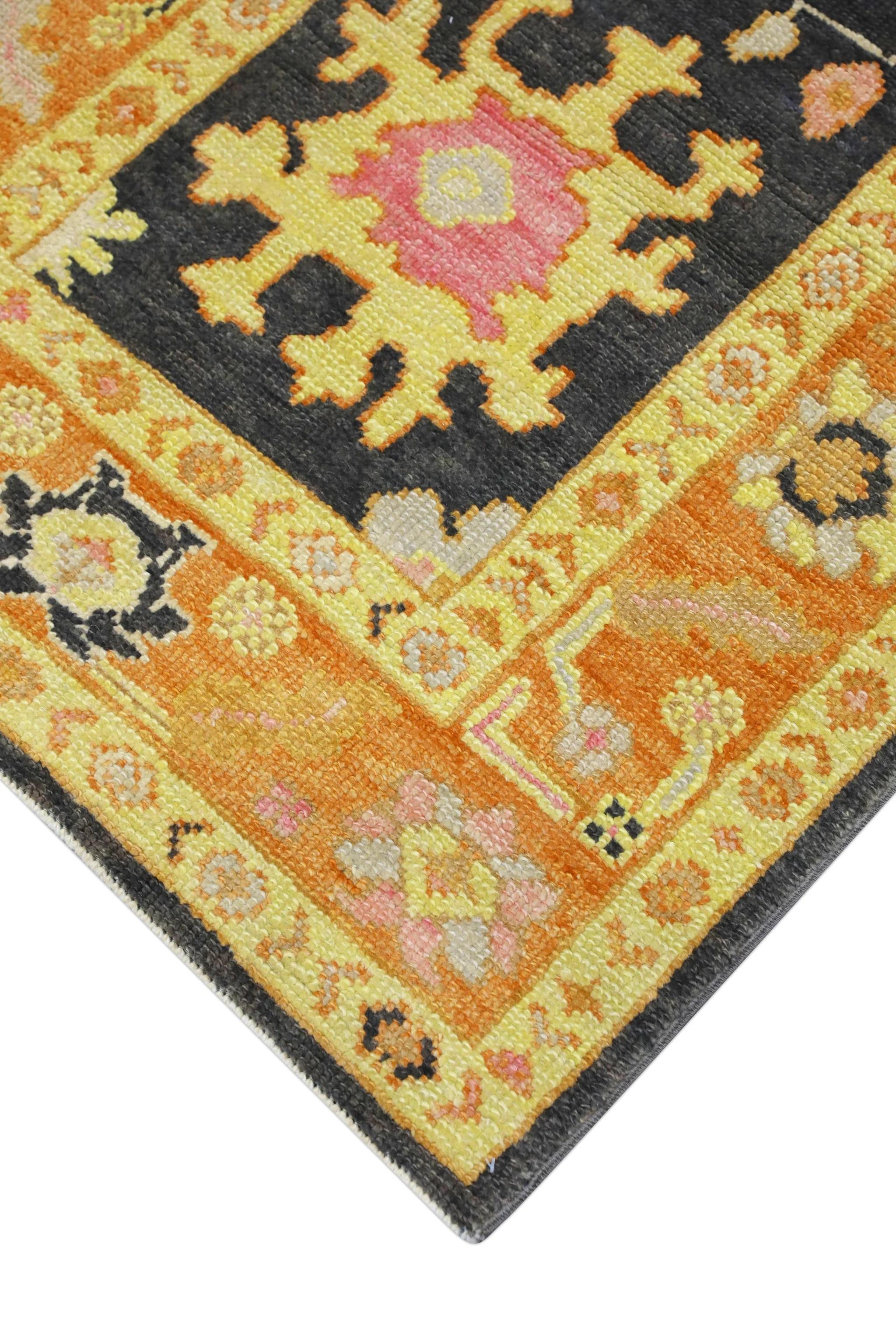 Wool Handwoven Turkish Oushak Rug with Orange and Pink Floral Design 3'1