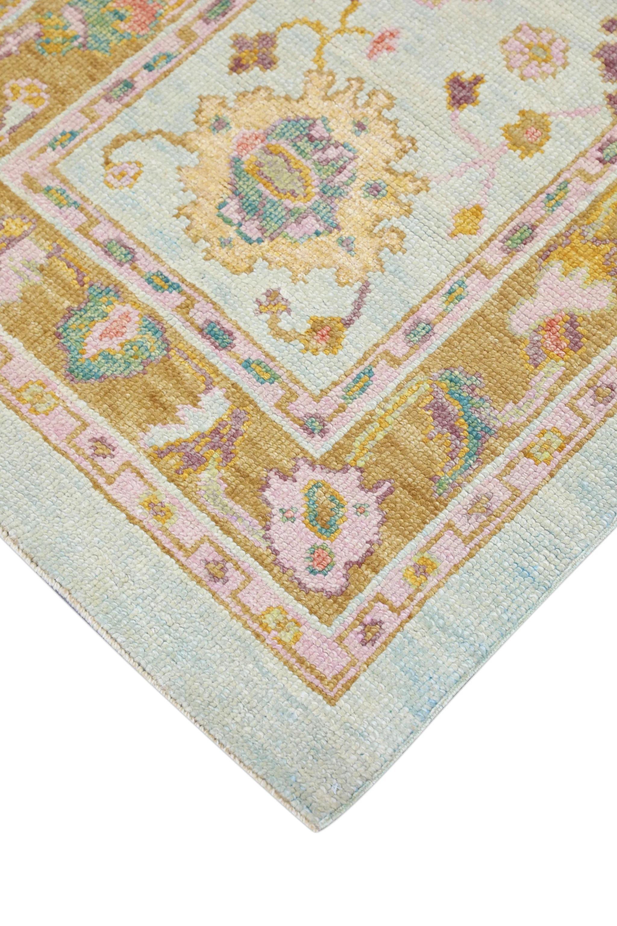 Wool Handwoven Turkish Oushak Rug with Colorful Floral Design 2'10